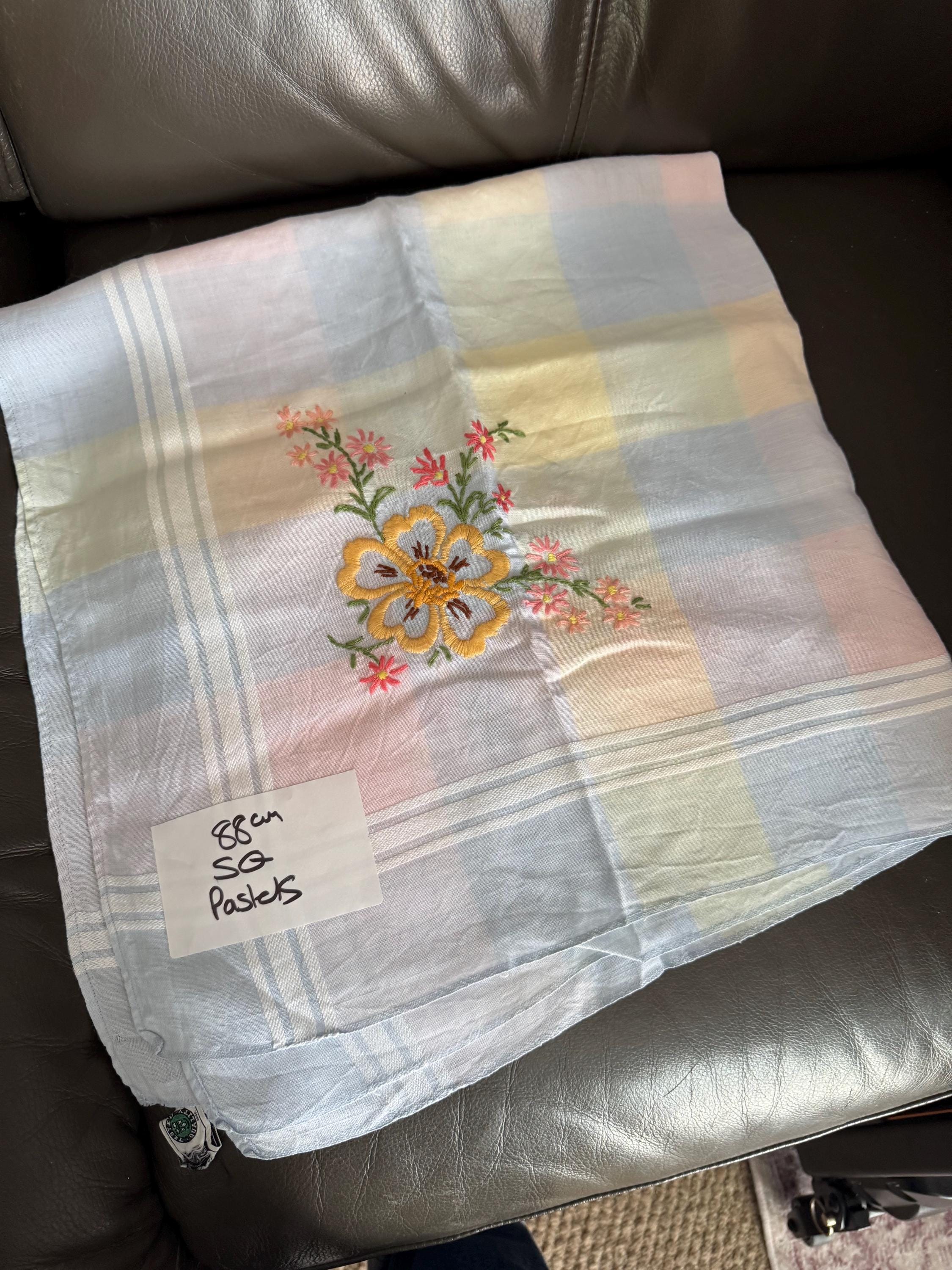 88cm square pastel checked pretty floral Vintage embroidered tablecloth, vintage linens yellow blue pink