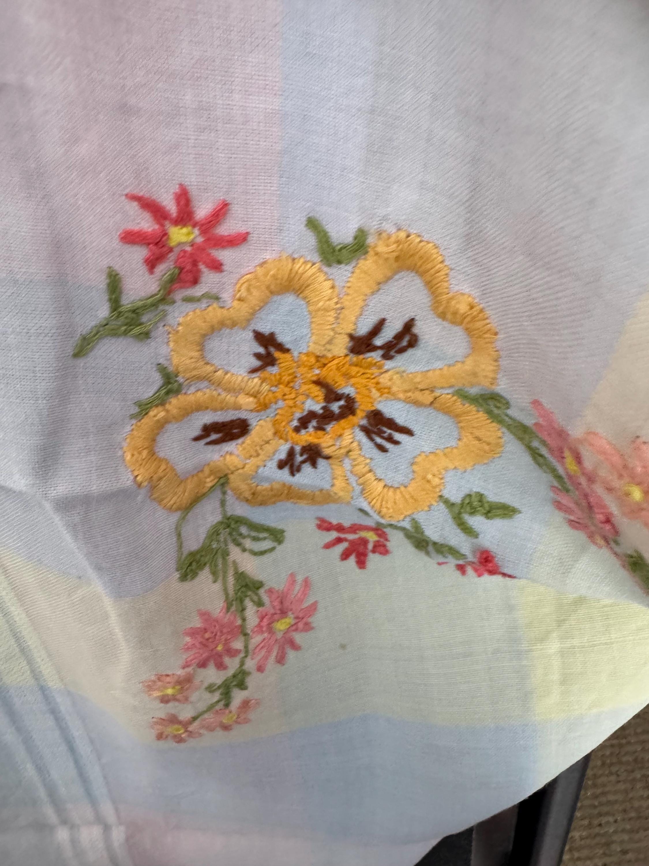 88cm square pastel checked pretty floral Vintage embroidered tablecloth, vintage linens yellow blue pink