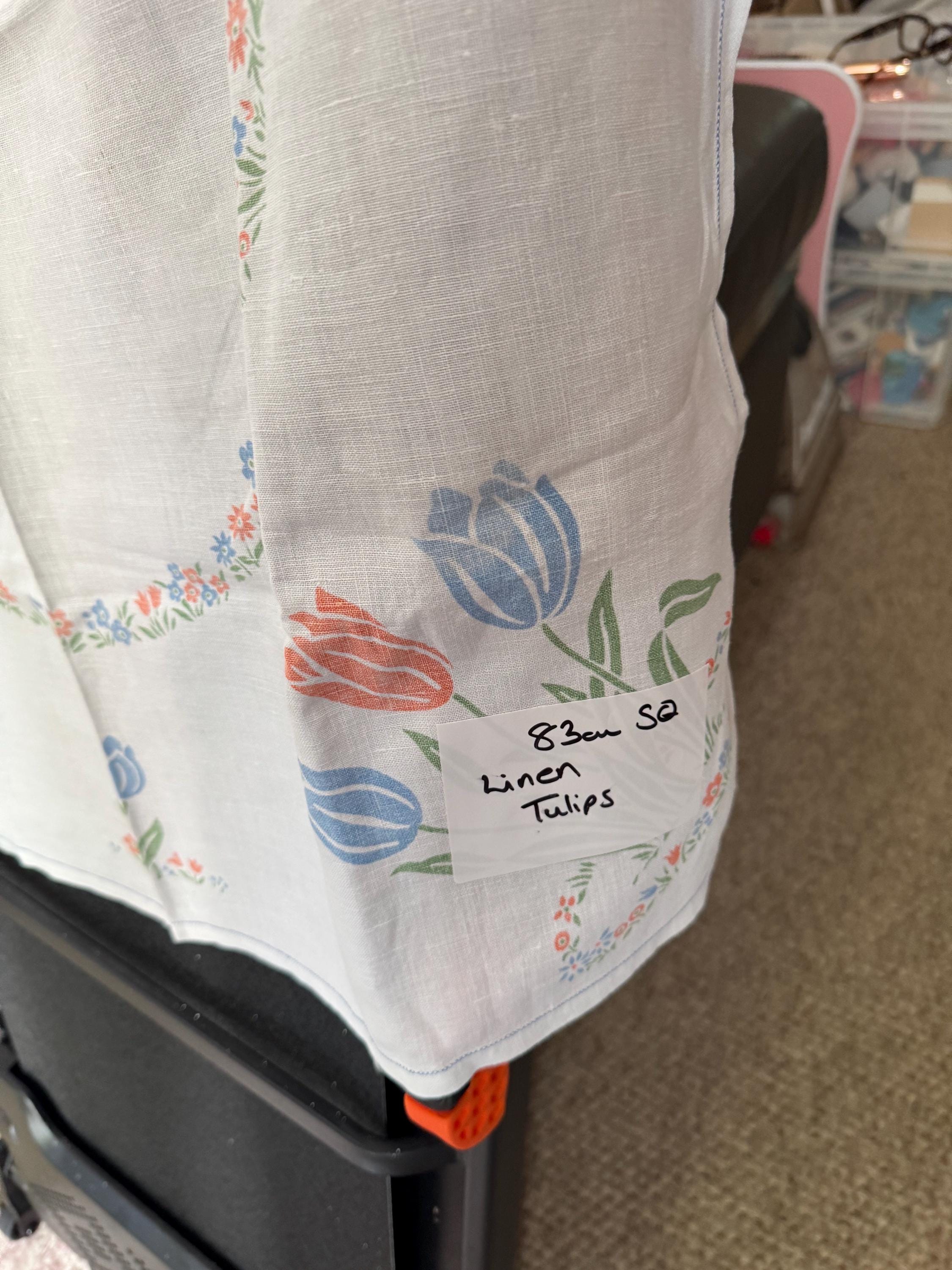 83cm near square vintage white linen cotton tablecloth printed with floral red blue tulips spring flowers, cottage chateau tearooms