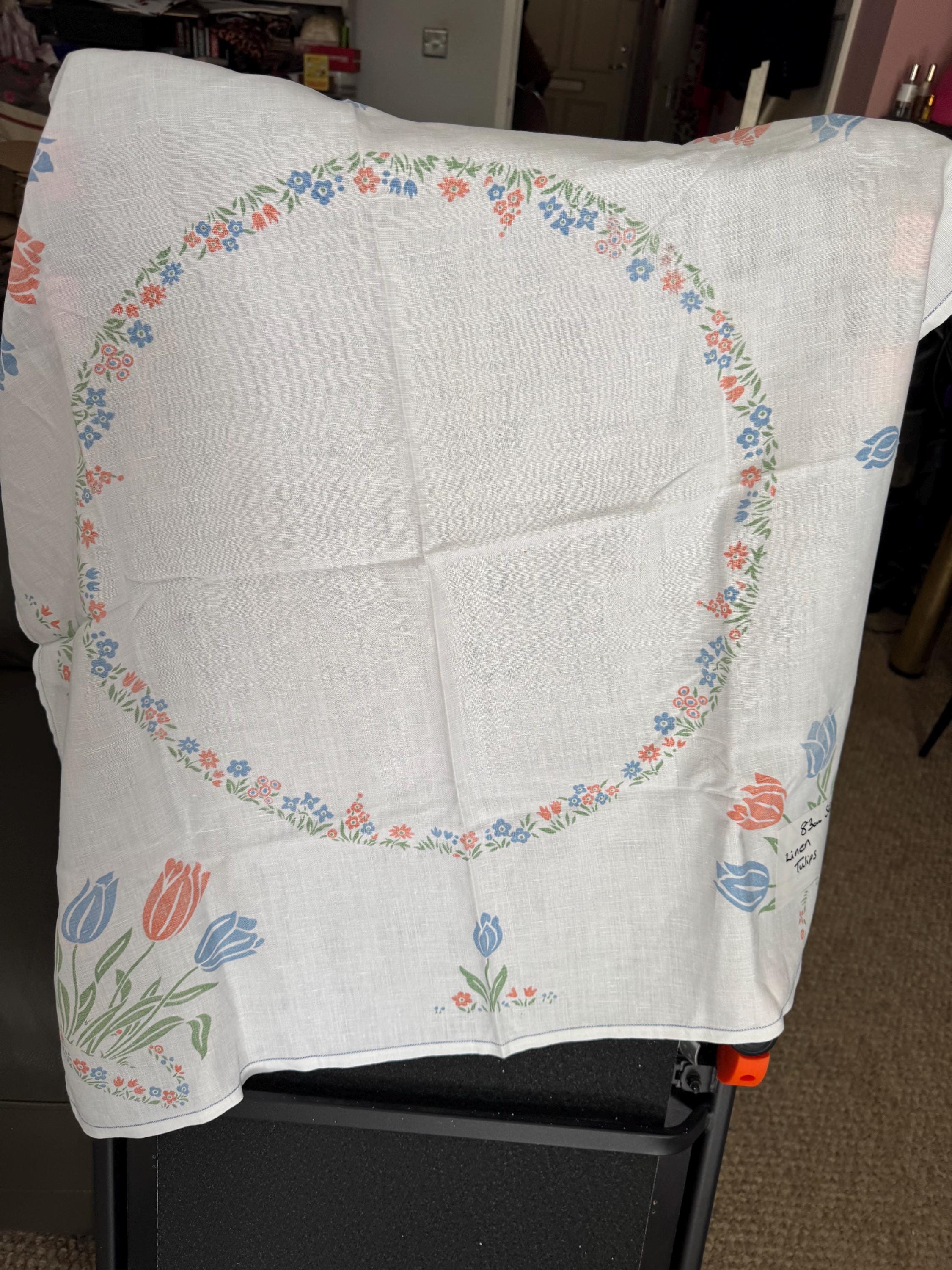 83cm near square vintage white linen cotton tablecloth printed with floral red blue tulips spring flowers, cottage chateau tearooms