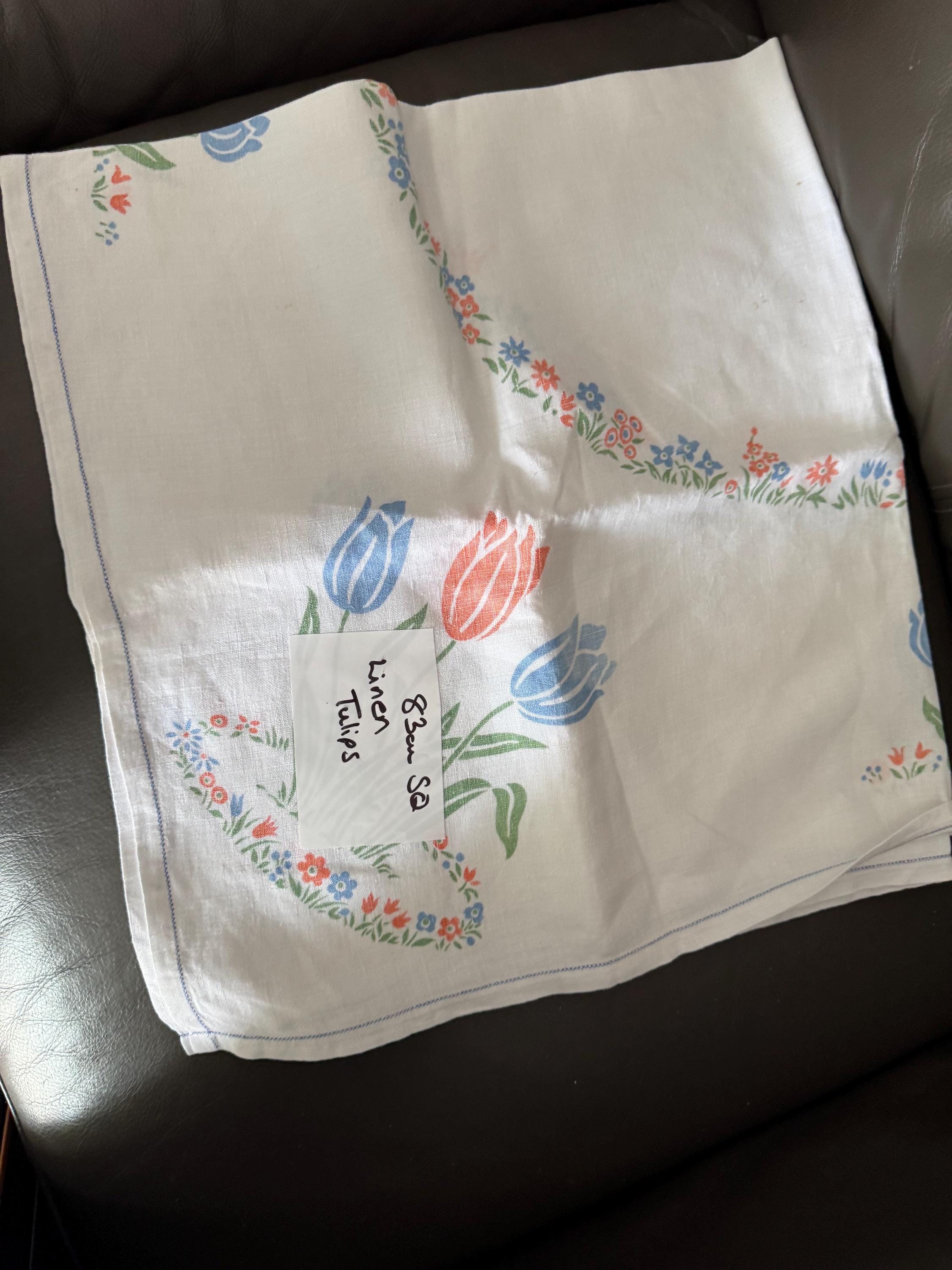 83cm near square vintage white linen cotton tablecloth printed with floral red blue tulips spring flowers, cottage chateau tearooms