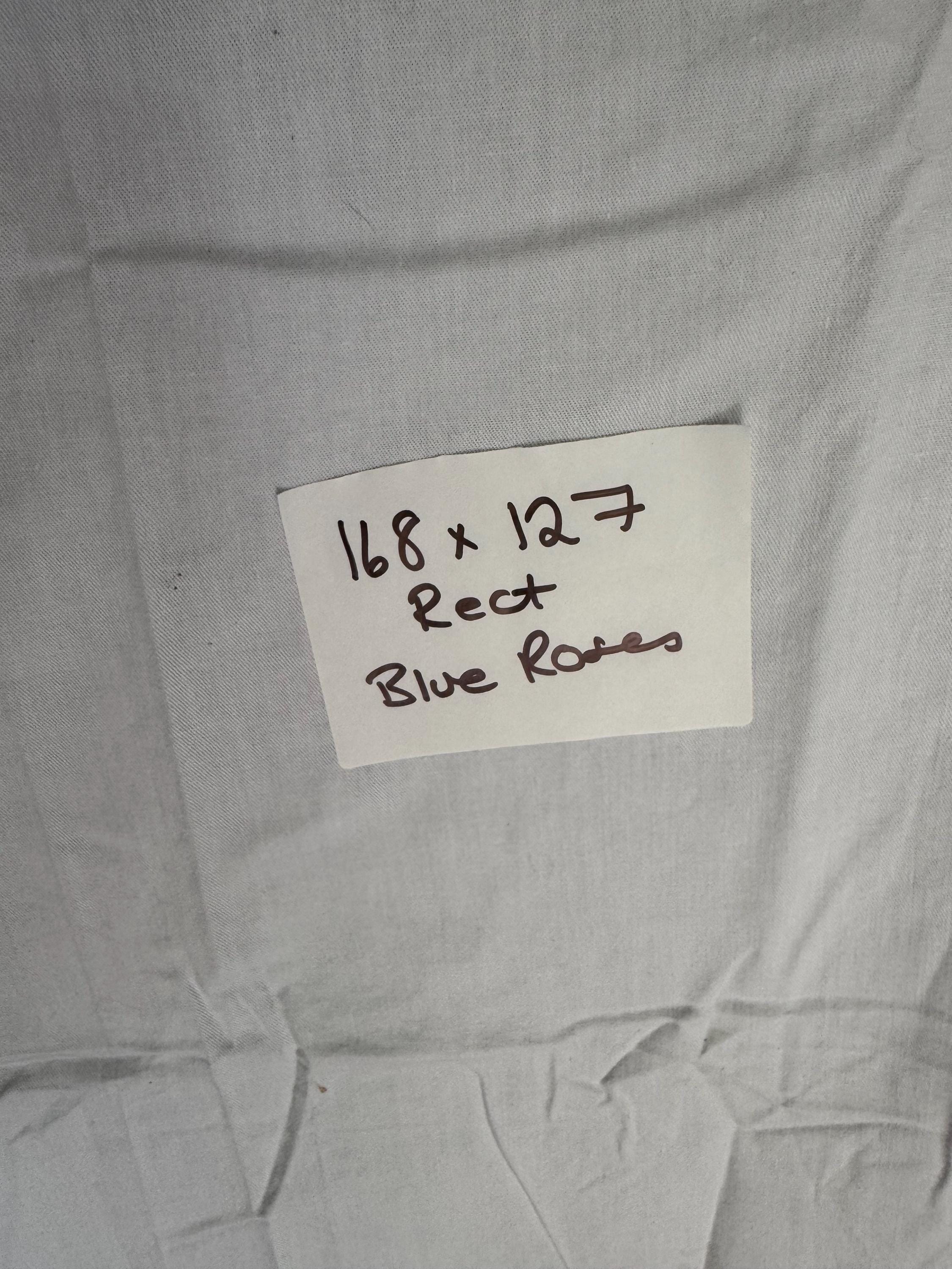 Large 168 x 127cm rectangular Vintage linen tablecloth, white with printed blue roses , cottage floral tablecloth