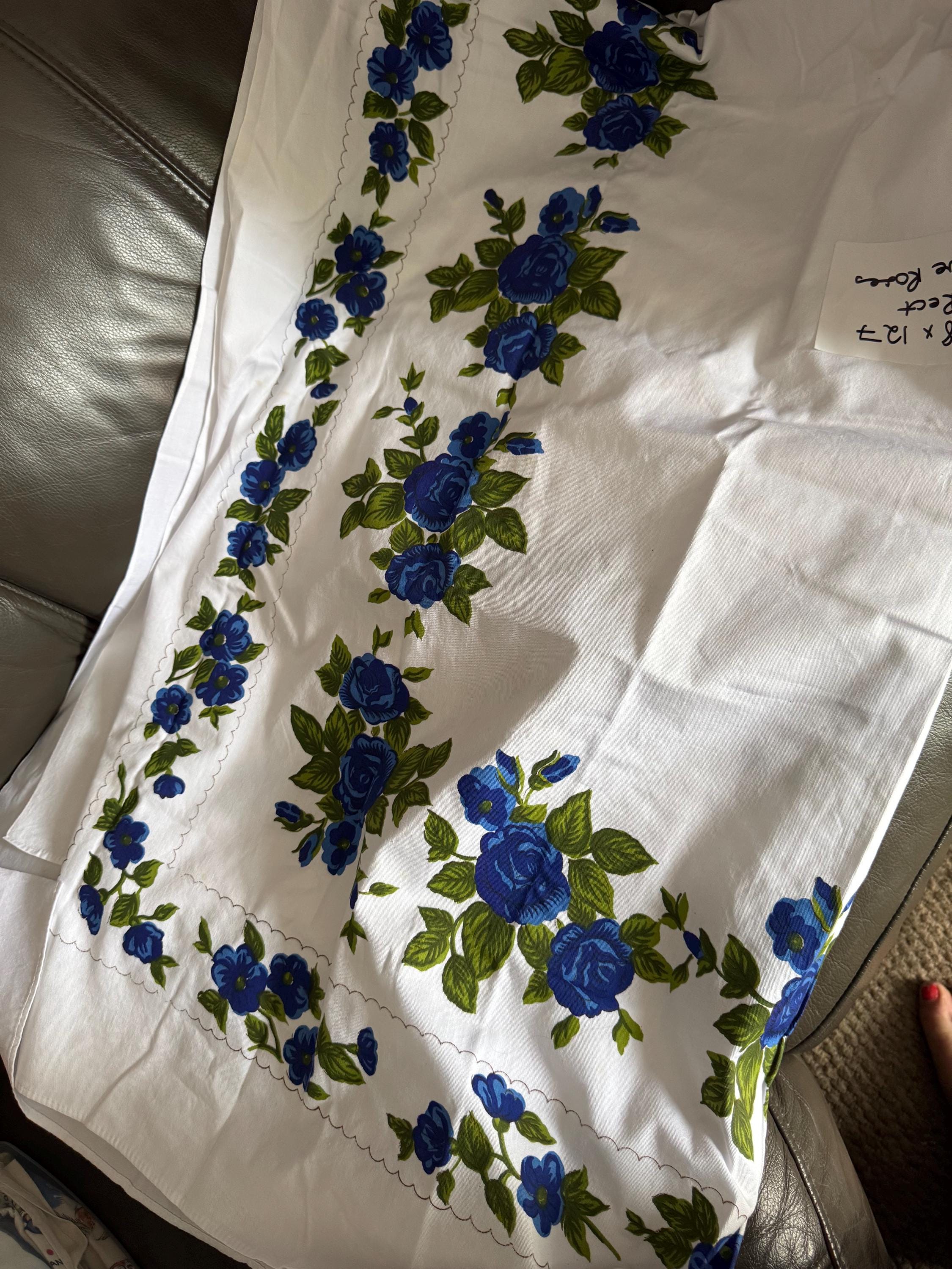 Large 168 x 127cm rectangular Vintage linen tablecloth, white with printed blue roses , cottage floral tablecloth