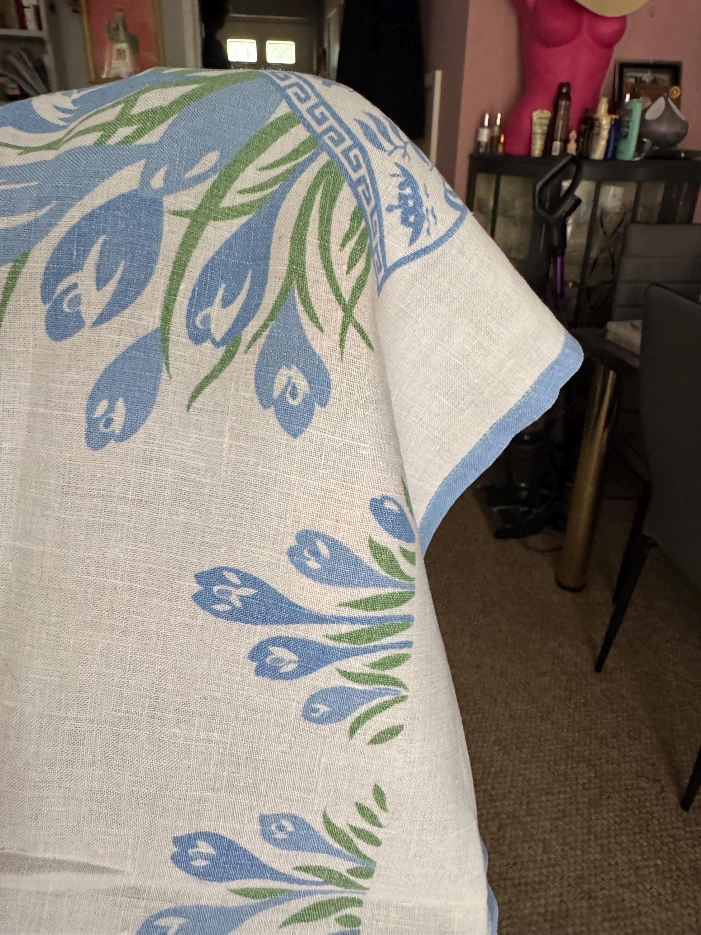 80cm square vintage white linen cotton tablecloth, printed floral tablecloth Chinese design bowl with blue green flowers cottage chateau