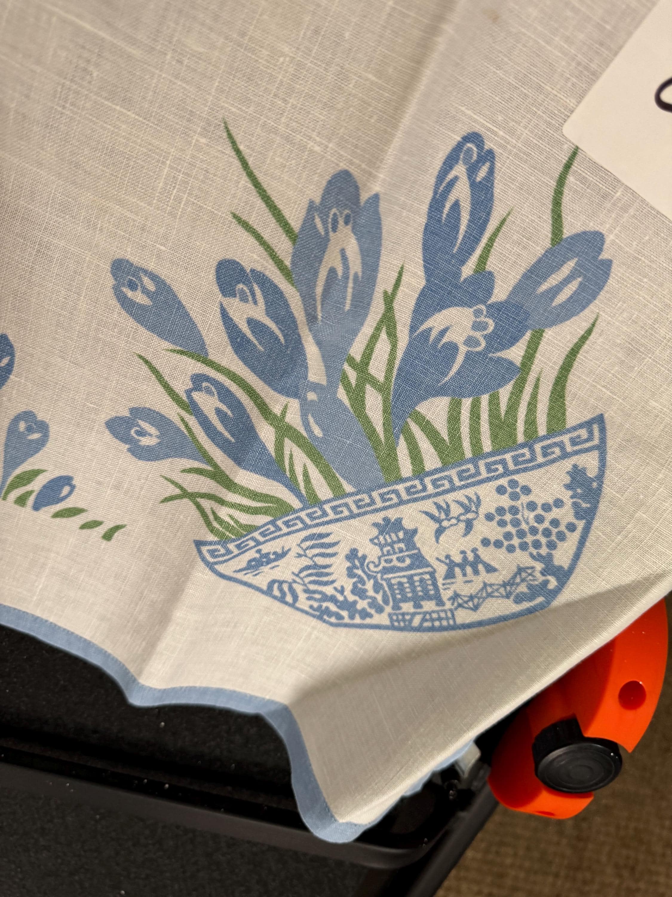 80cm square vintage white linen cotton tablecloth, printed floral tablecloth Chinese design bowl with blue green flowers cottage chateau