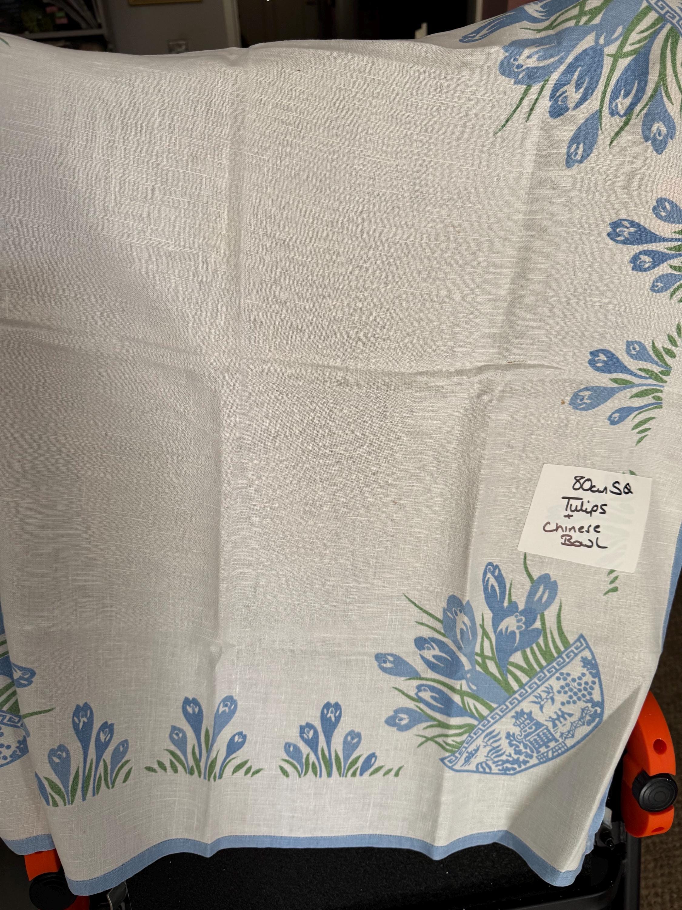 80cm square vintage white linen cotton tablecloth, printed floral tablecloth Chinese design bowl with blue green flowers cottage chateau