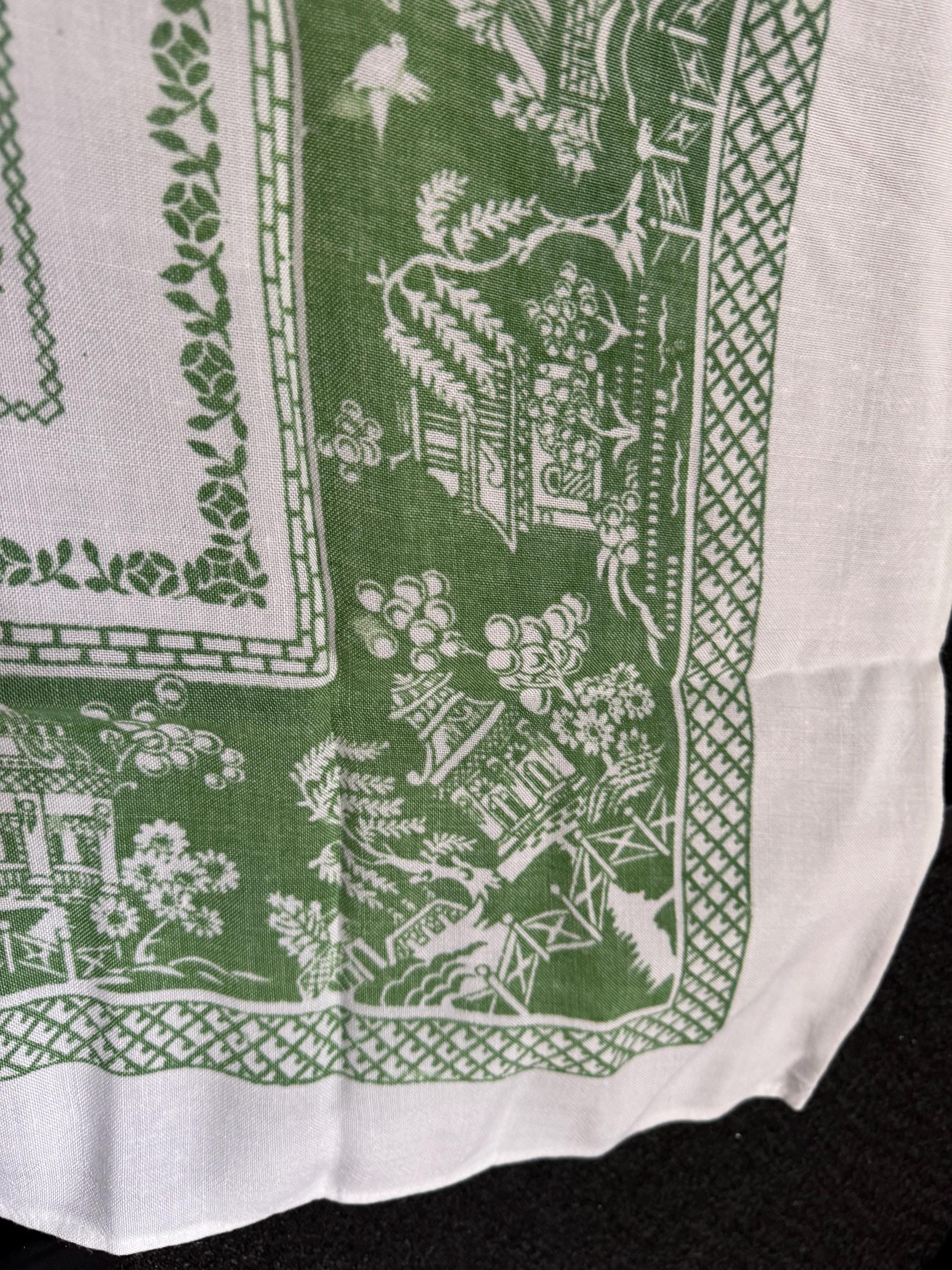 88cm large vintage linen cotton printed tablecloth, white with green Chinese pagoda scenes, ideal cottage chateau tearooms