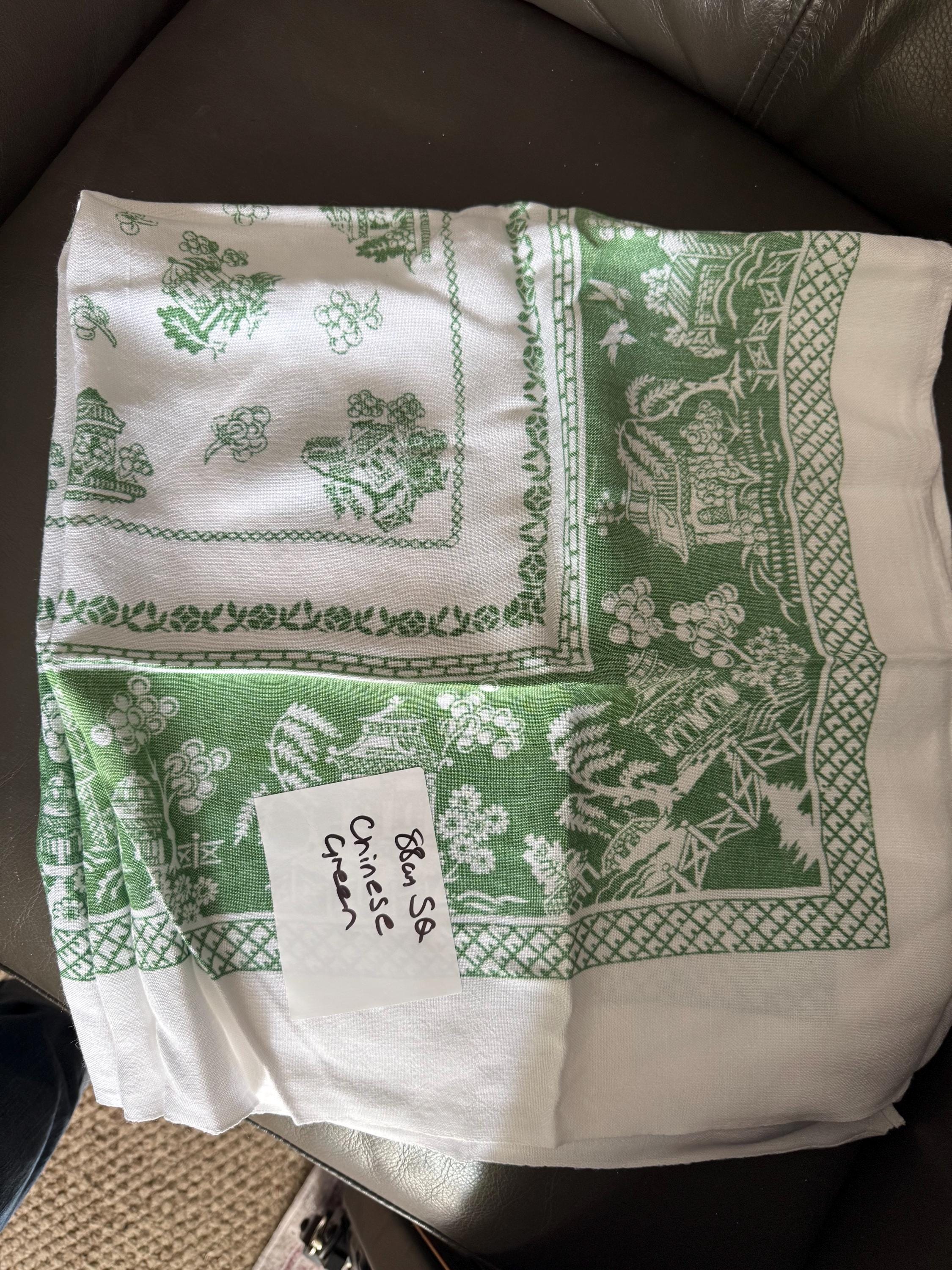 88cm large vintage linen cotton printed tablecloth, white with green Chinese pagoda scenes, ideal cottage chateau tearooms
