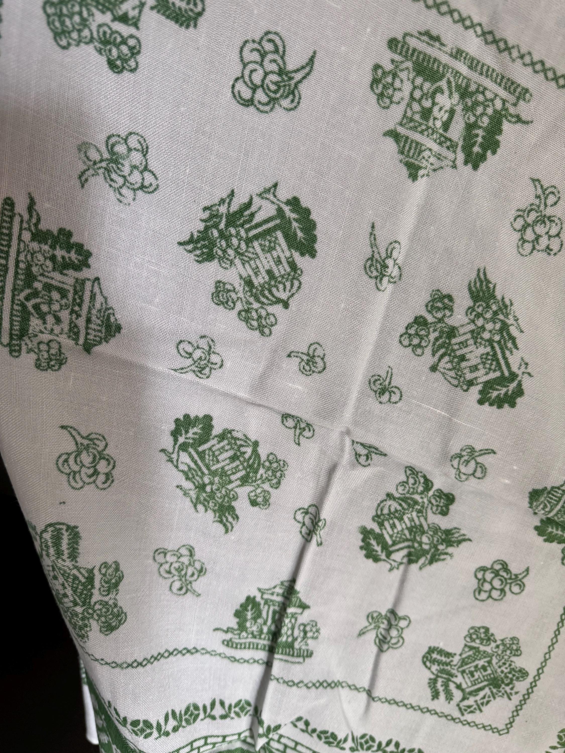 88cm large vintage linen cotton printed tablecloth, white with green Chinese pagoda scenes, ideal cottage chateau tearooms