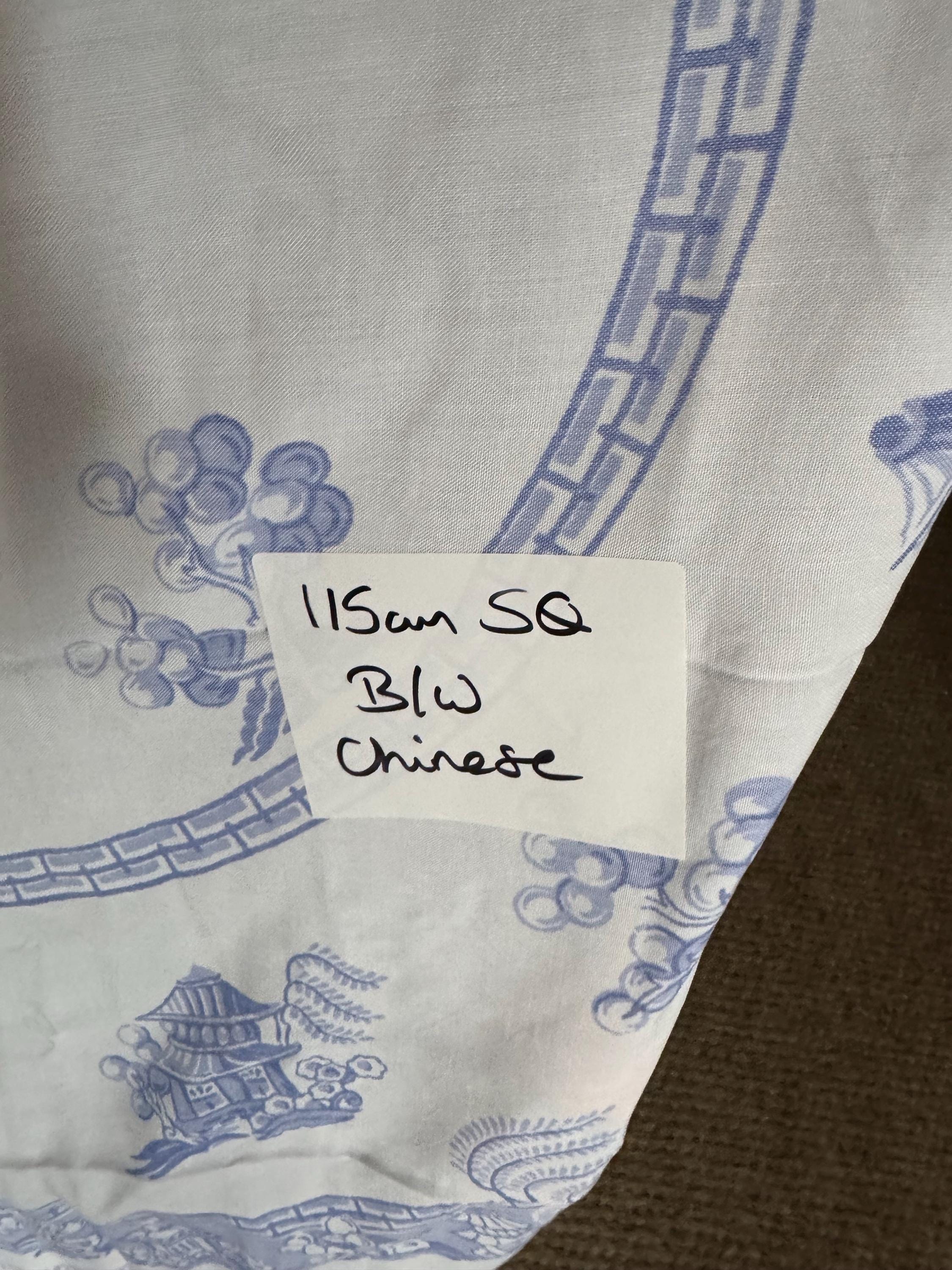 Large 115cm square vintage cotton tablecloth, white with a blue Chinese pagoda willow pattern