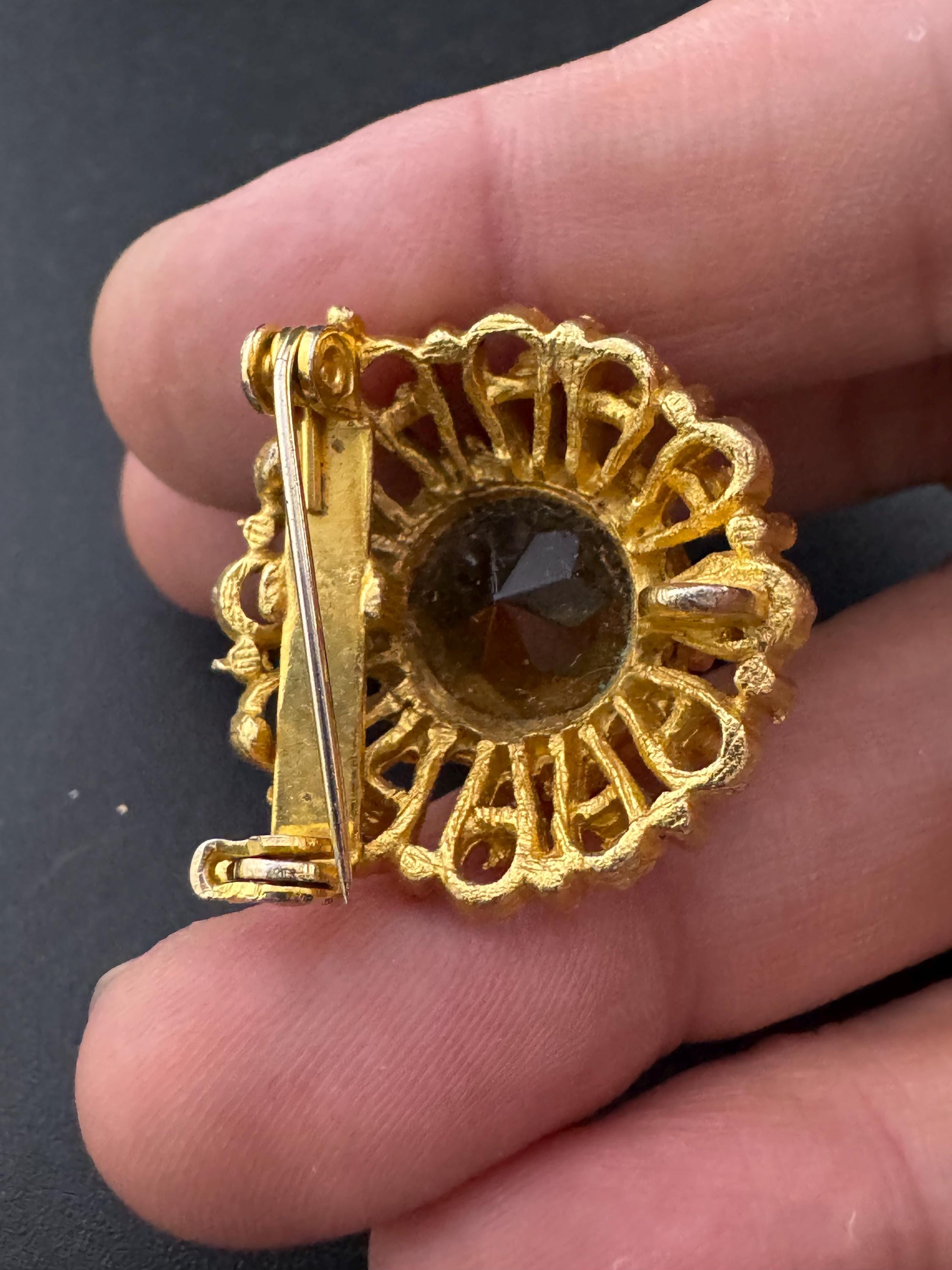 vintage citrine amber orange glass cabuchon glass brooch and pendant , floral