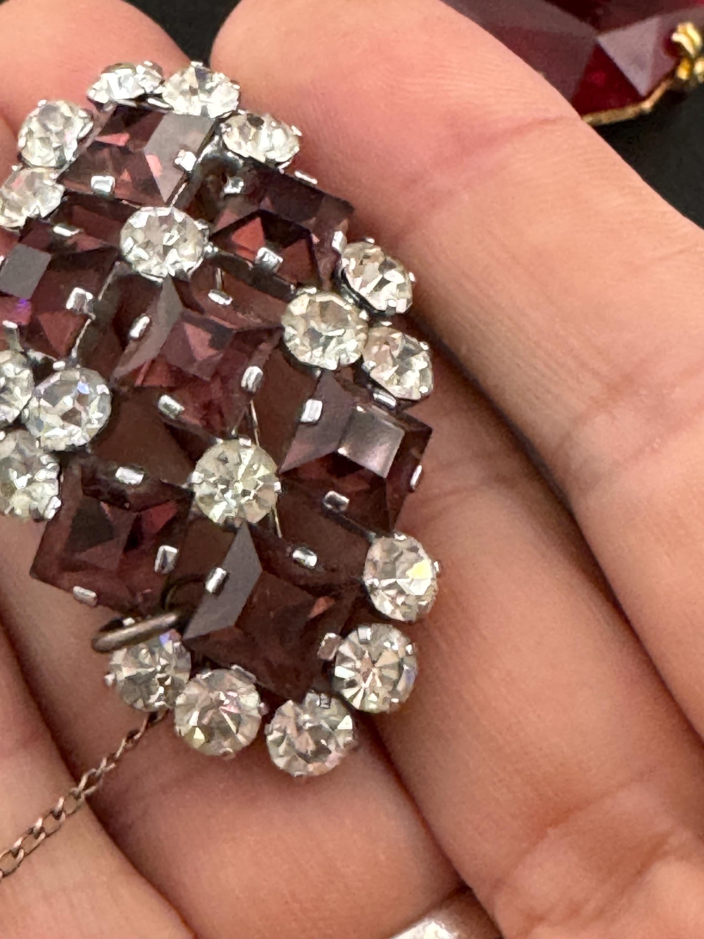 Vintage amethyst purple and clear diamanté rhinestone glass Brooch