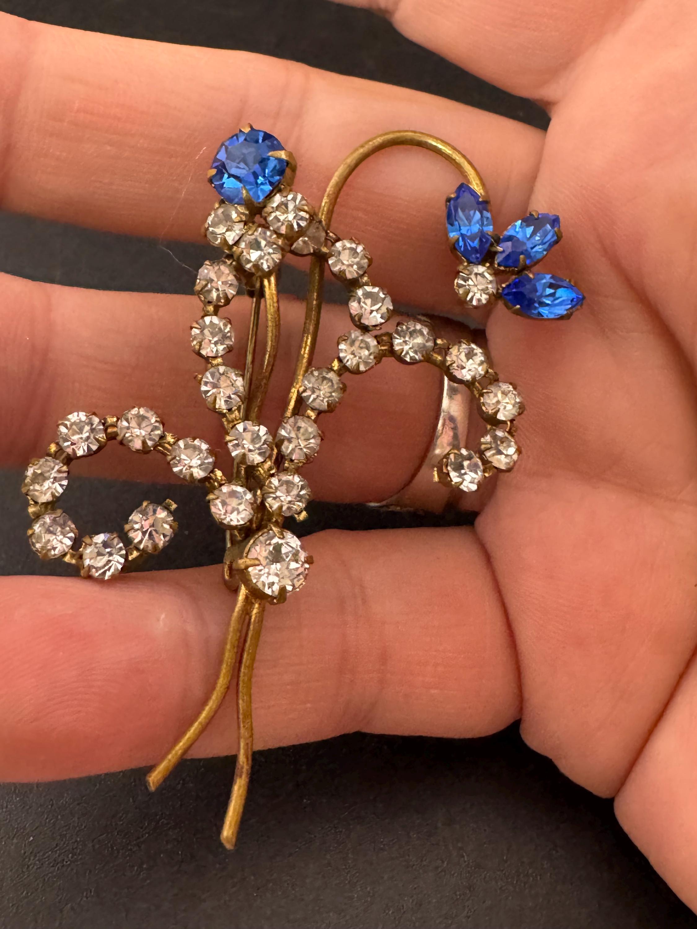 Vintage sapphire blue Faceted glass Diamanté floral Brooch