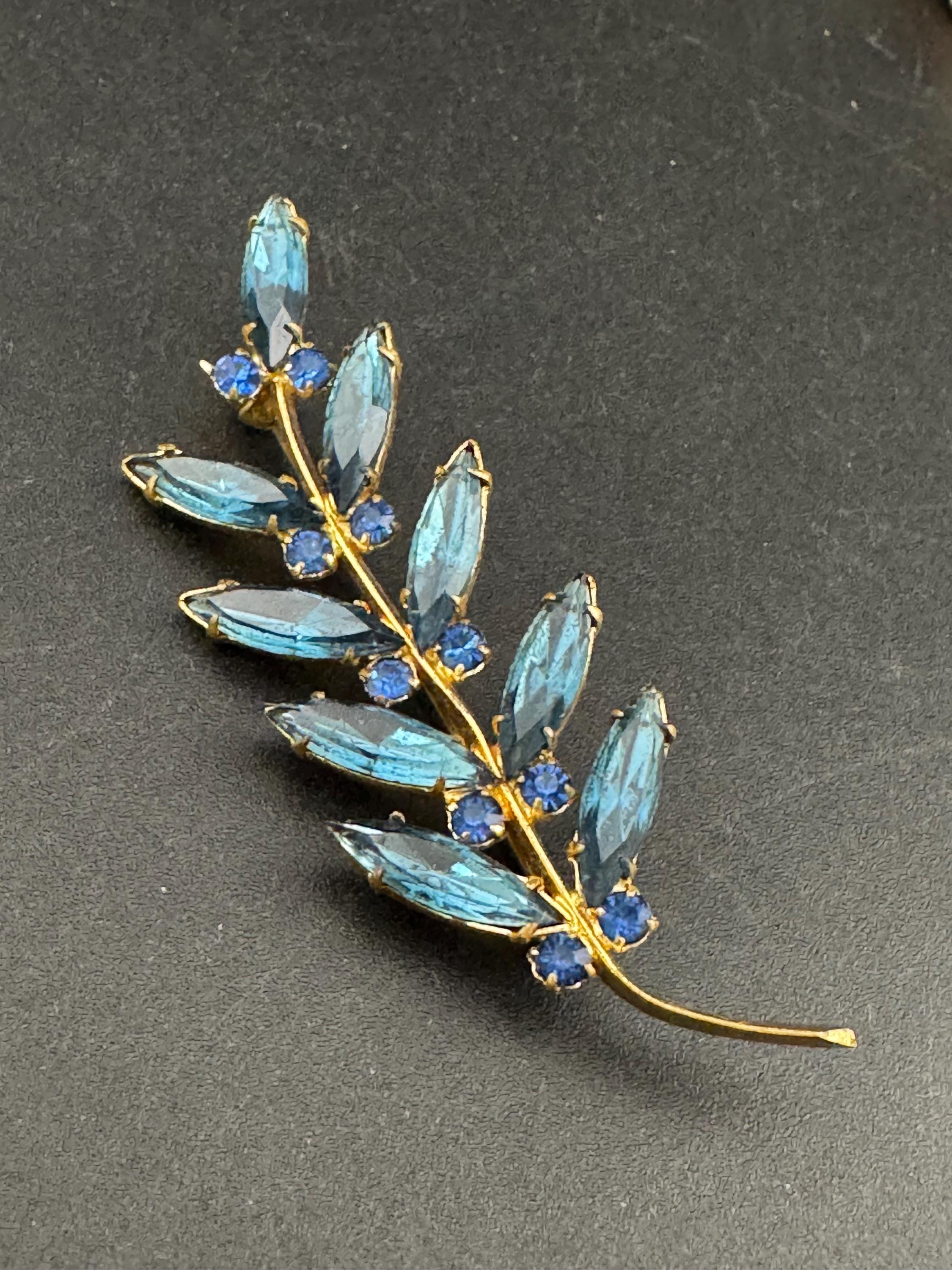 Vintage sapphire blue Faceted navette glass Diamanté floral Brooch