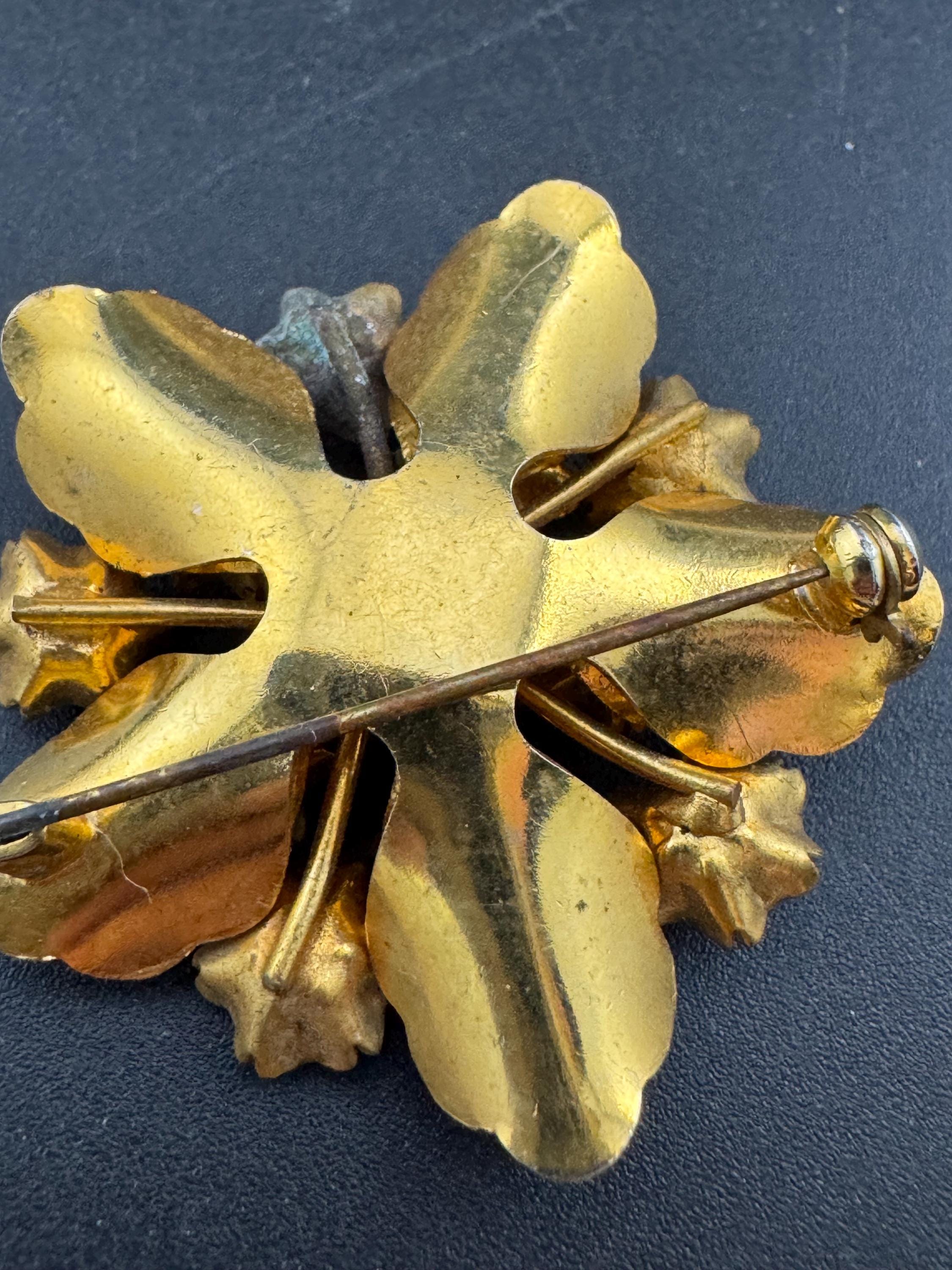 Antique Art Deco Czech gold plated emerald rhinestone AB crystal brooch