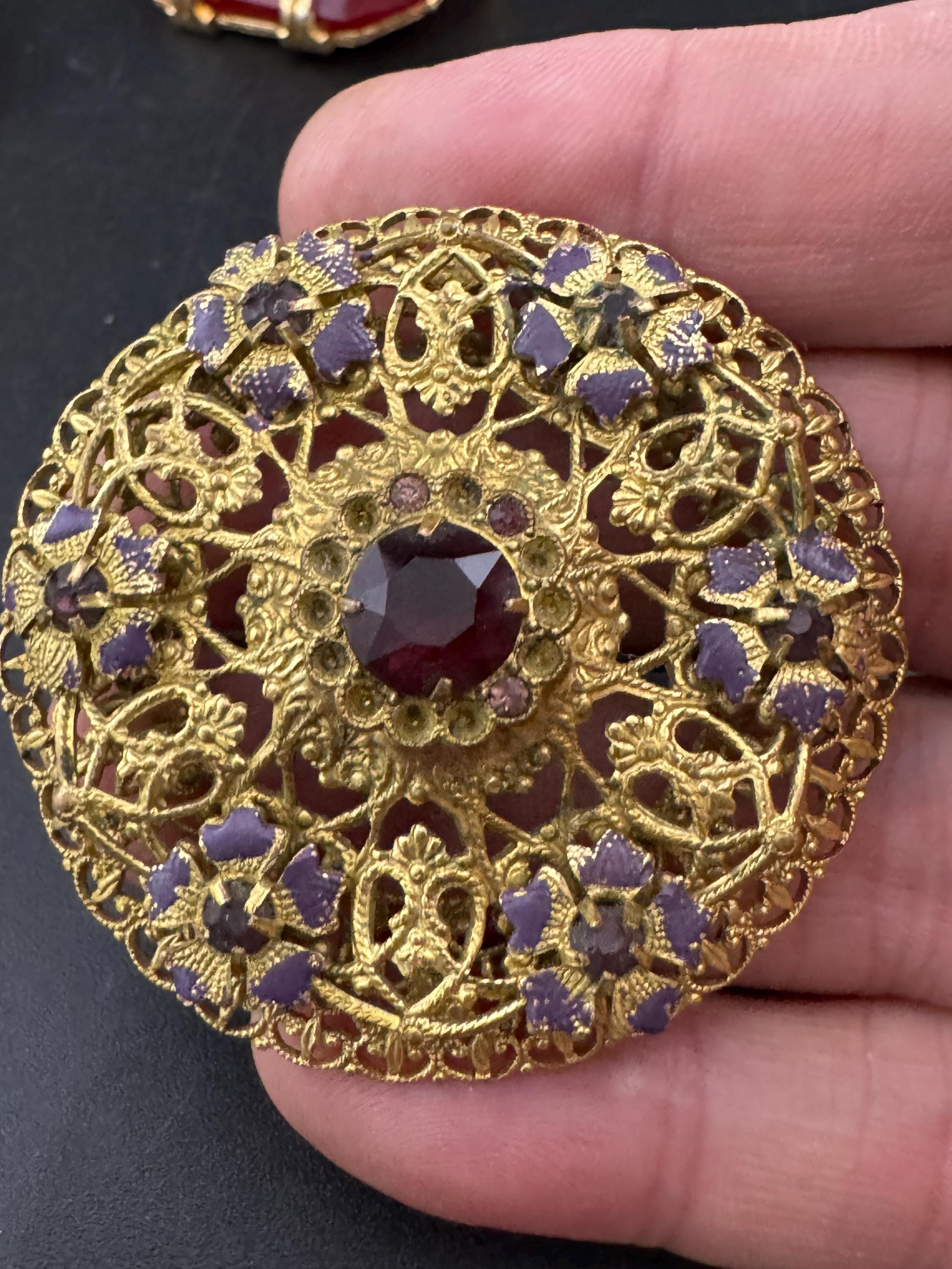Czech large gold brass filigree faux amethyst purple rhinestone brooch
