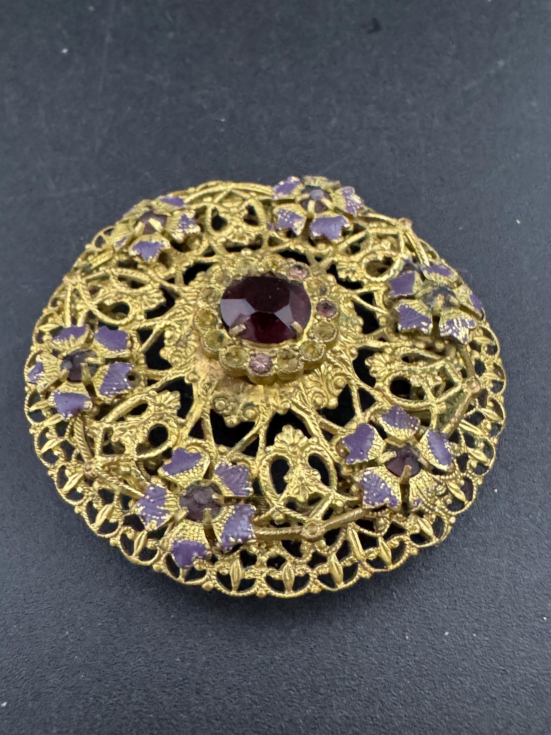 Czech large gold brass filigree faux amethyst purple rhinestone brooch