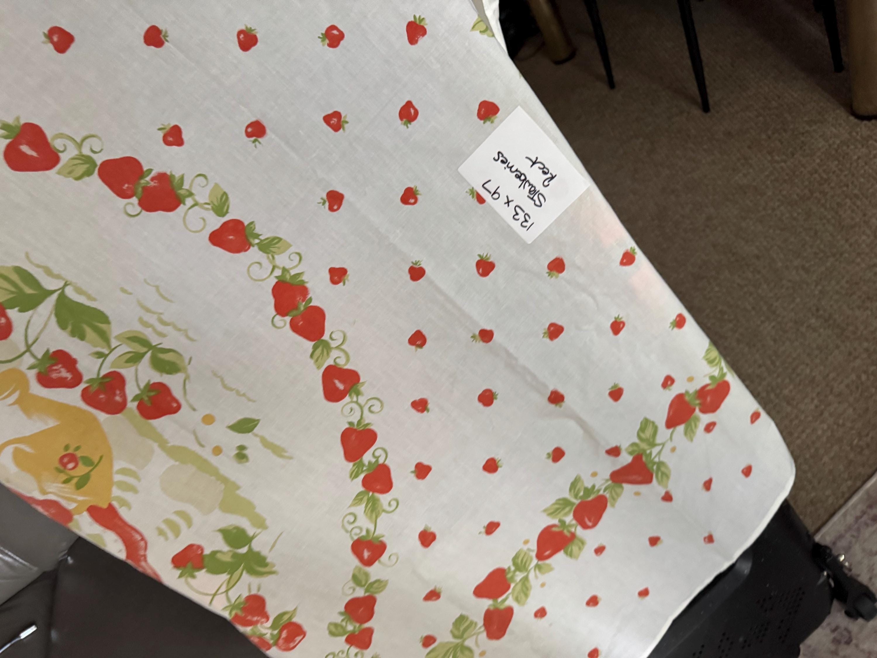 133cm x 96cm half size tablecloth with summer strawberry design … ideal for a smallholder selling fruit or preserves. Perfect size !