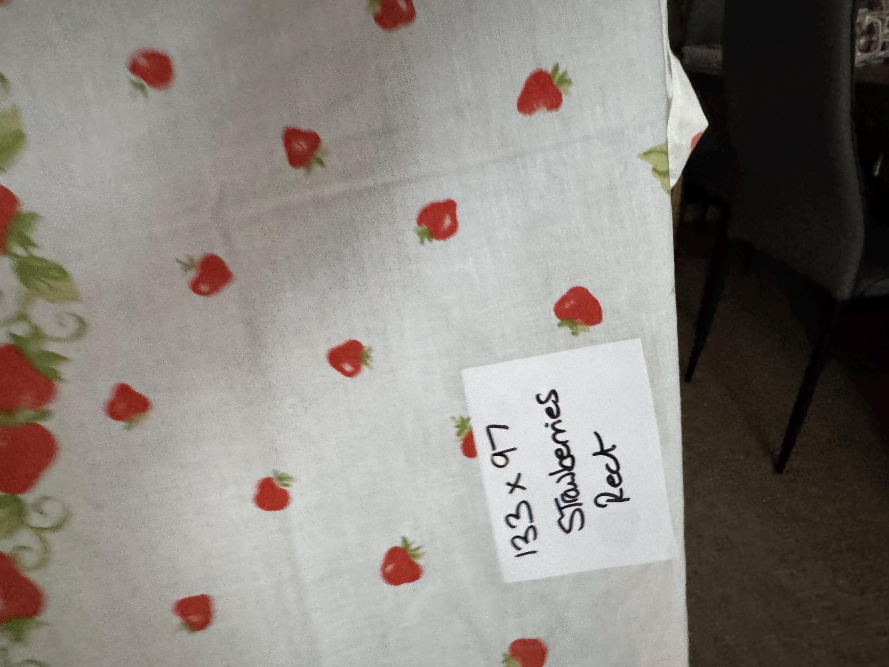133cm x 96cm half size tablecloth with summer strawberry design … ideal for a smallholder selling fruit or preserves. Perfect size !