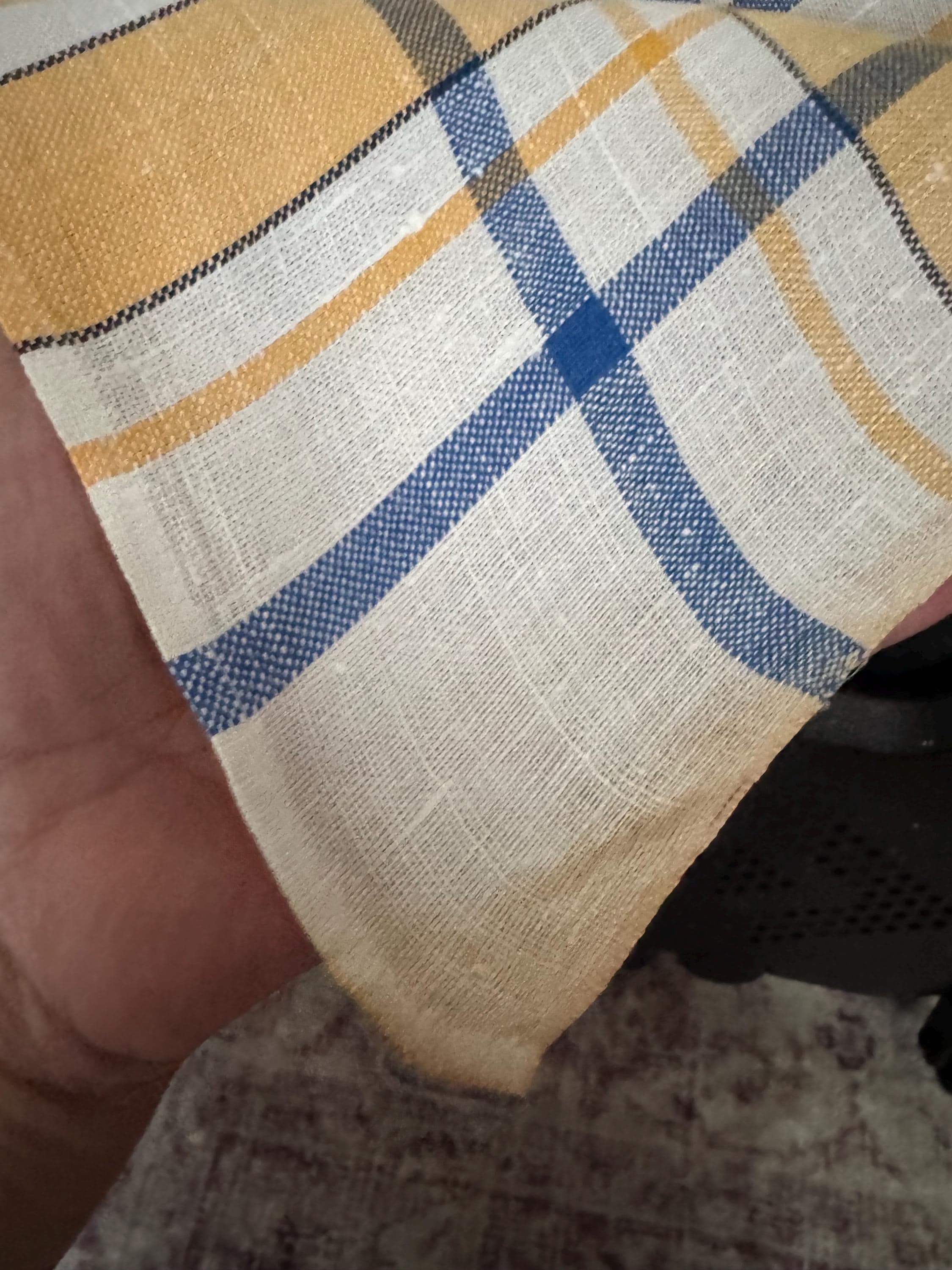 Large 135 x 125cm” near square off white with blue and yellow geometric stripes and check large printed tablecloth