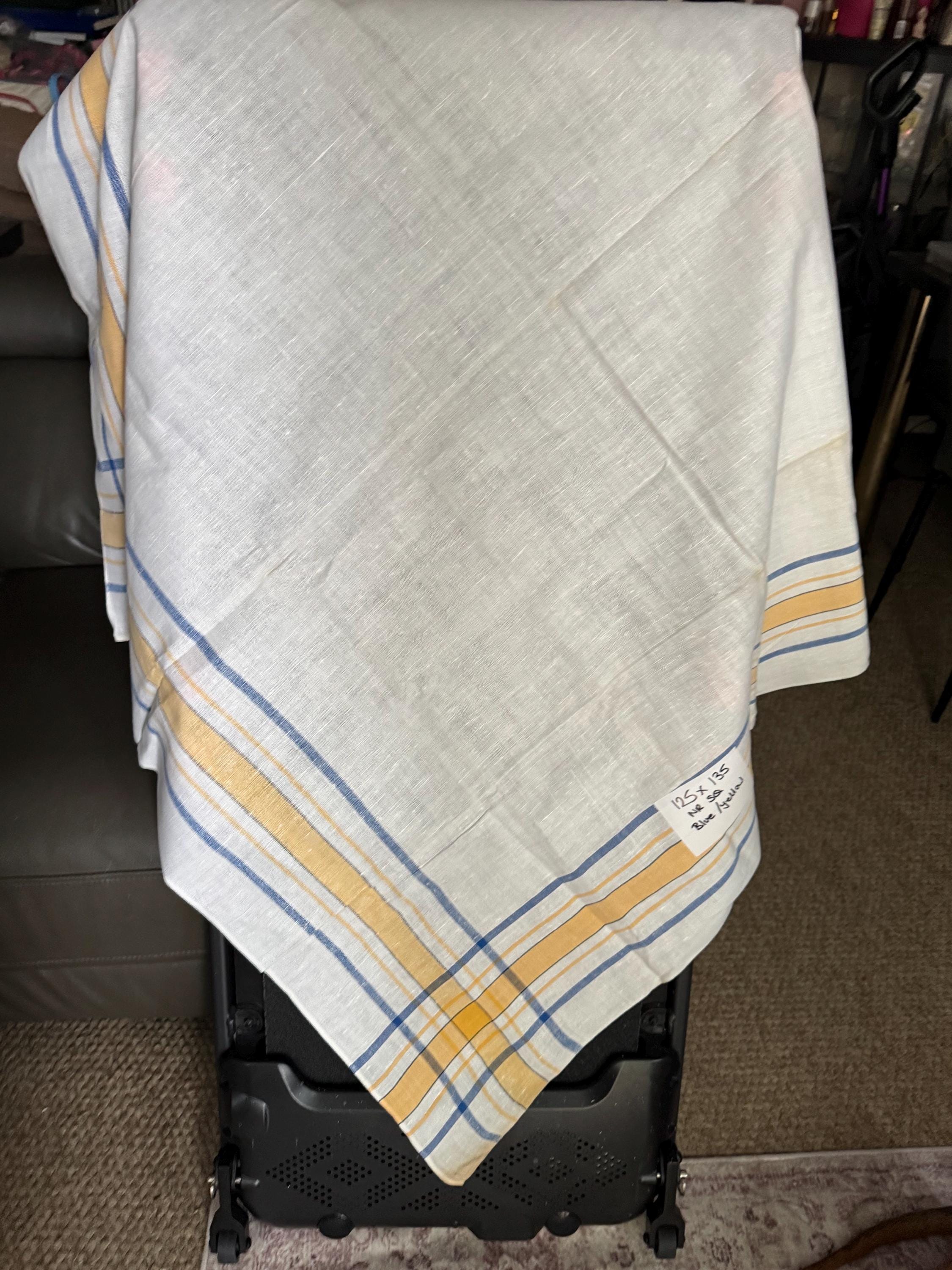 Large 135 x 125cm” near square off white with blue and yellow geometric stripes and check large printed tablecloth