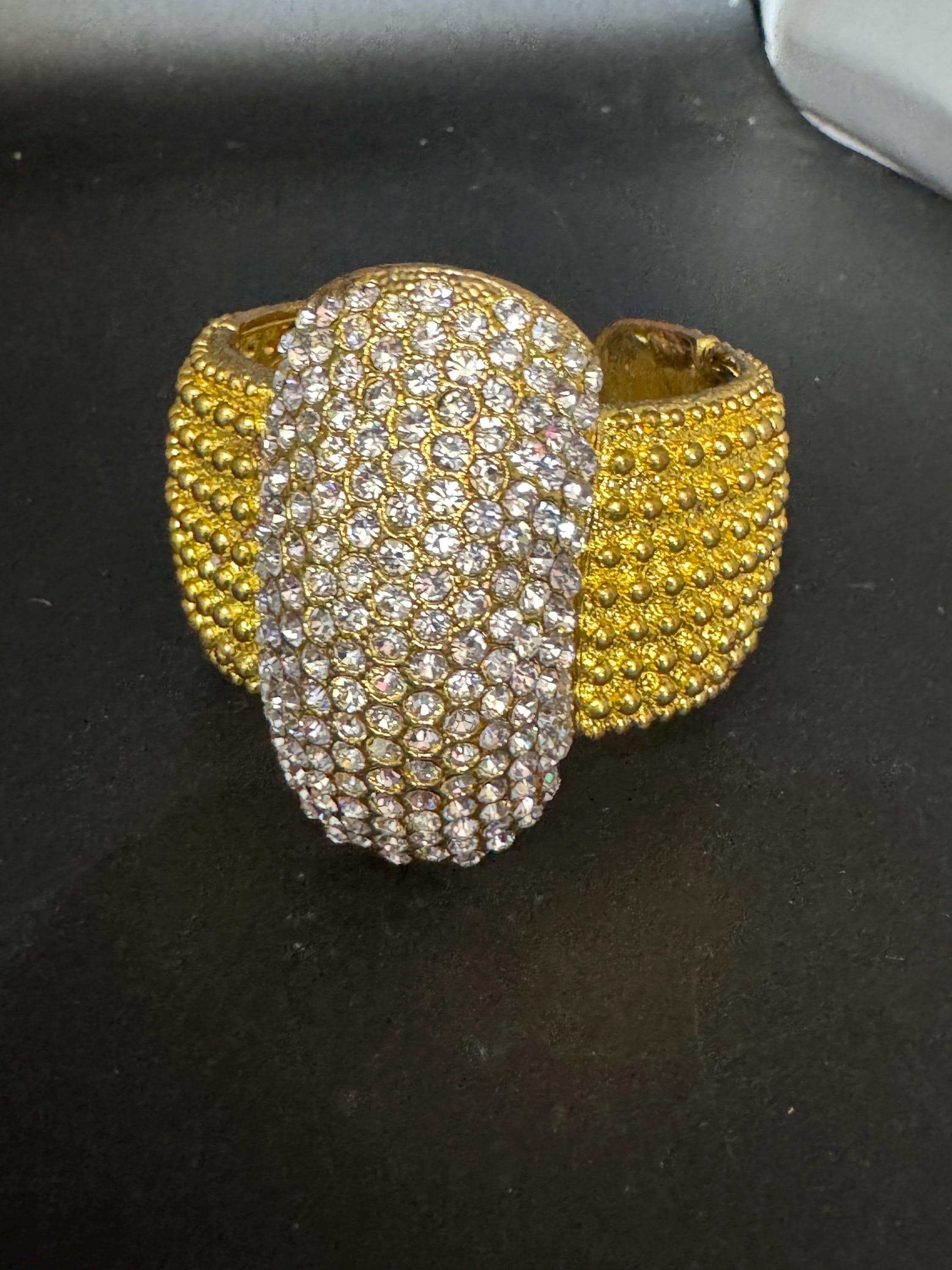 Vintage oversized clear diamanté crystal wide gold tone cuff bangle