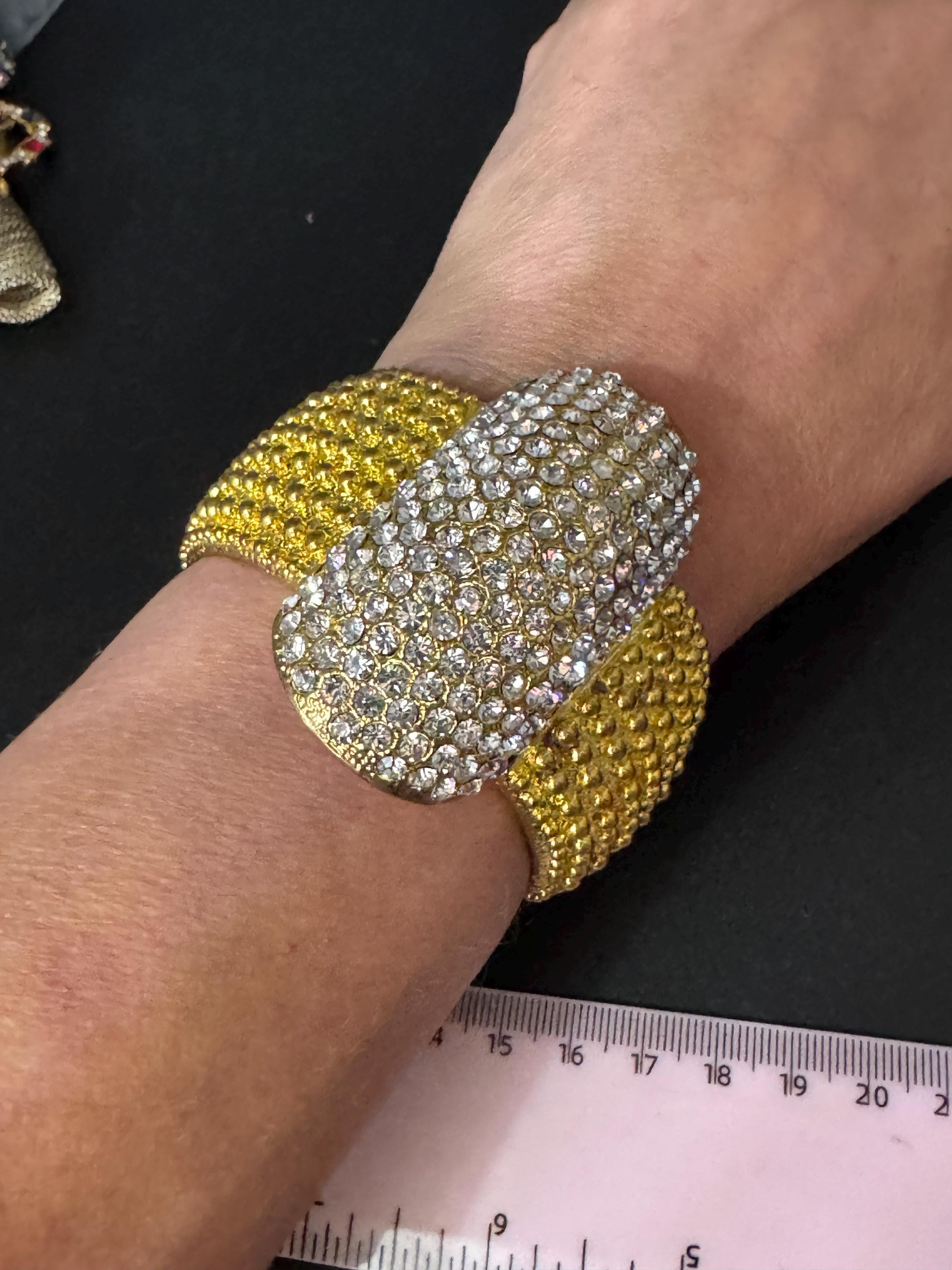 Vintage oversized clear diamanté crystal wide gold tone cuff bangle