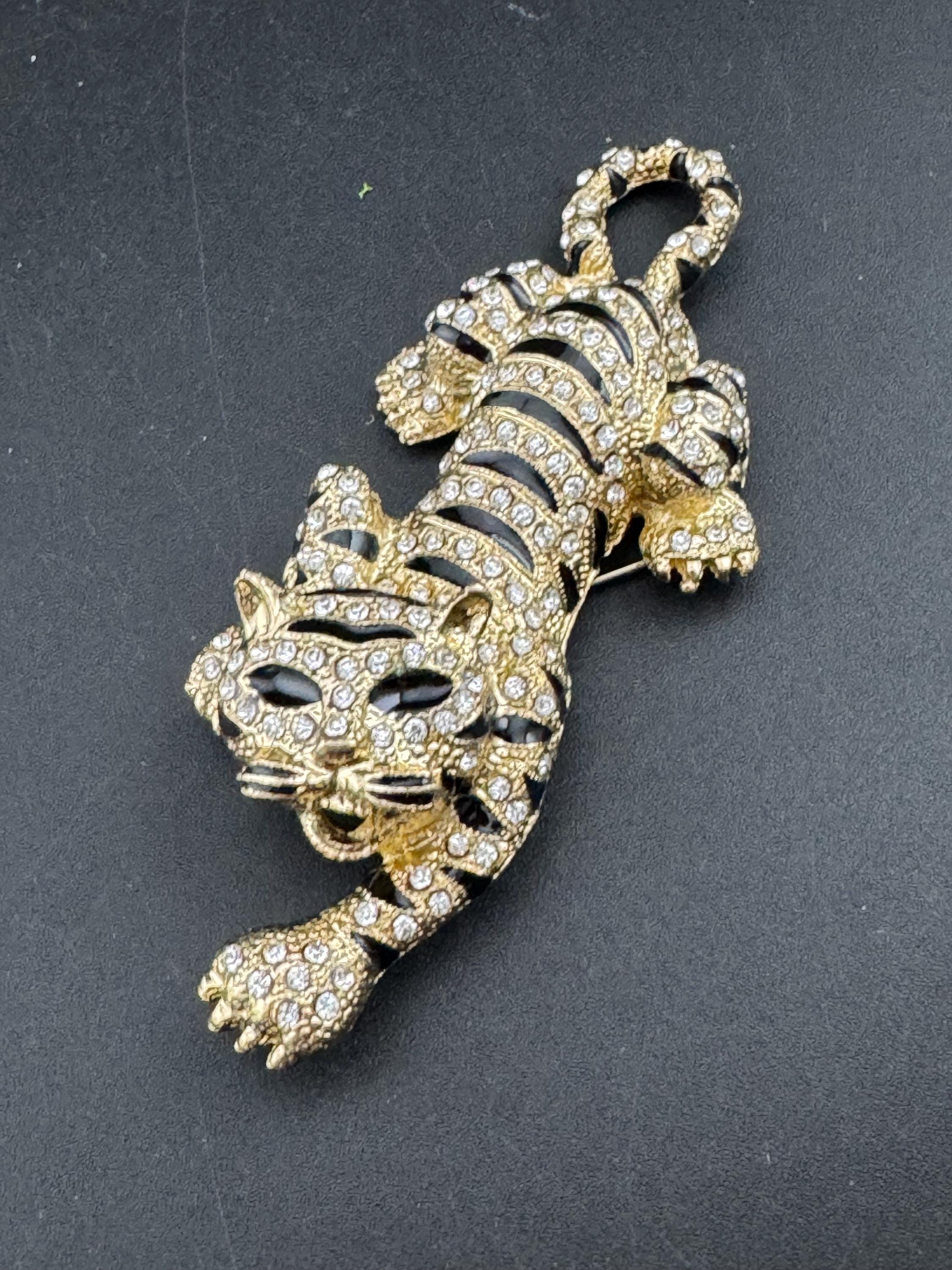 Retro 9cm Rhinestone Tiger Brooch: Black Enamel Big Cat, Gold Tone