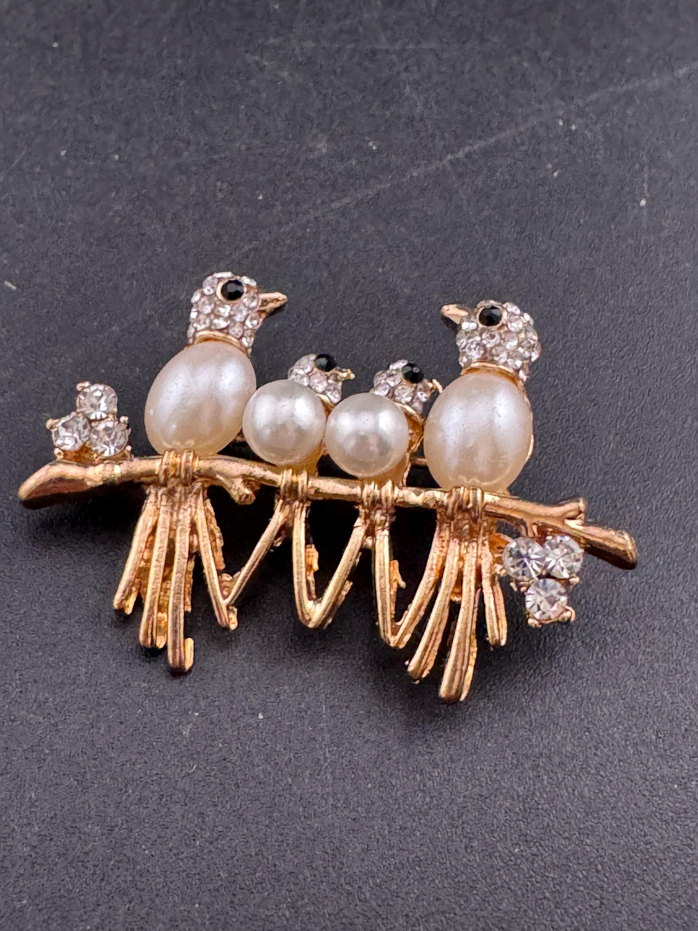 Retro pearl rhinestone birds on a branch brooch, gold tone