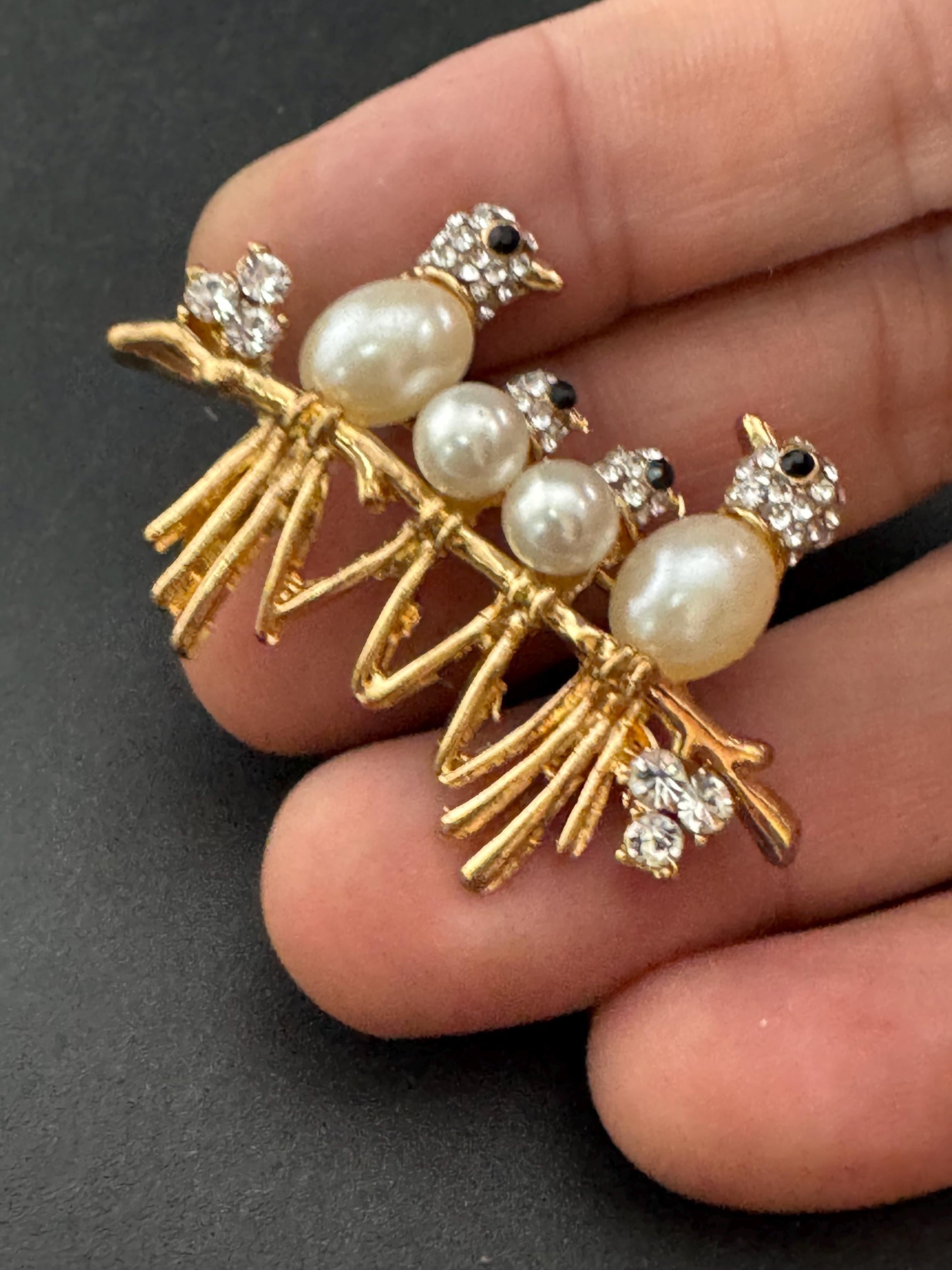 Retro pearl rhinestone birds on a branch brooch, gold tone