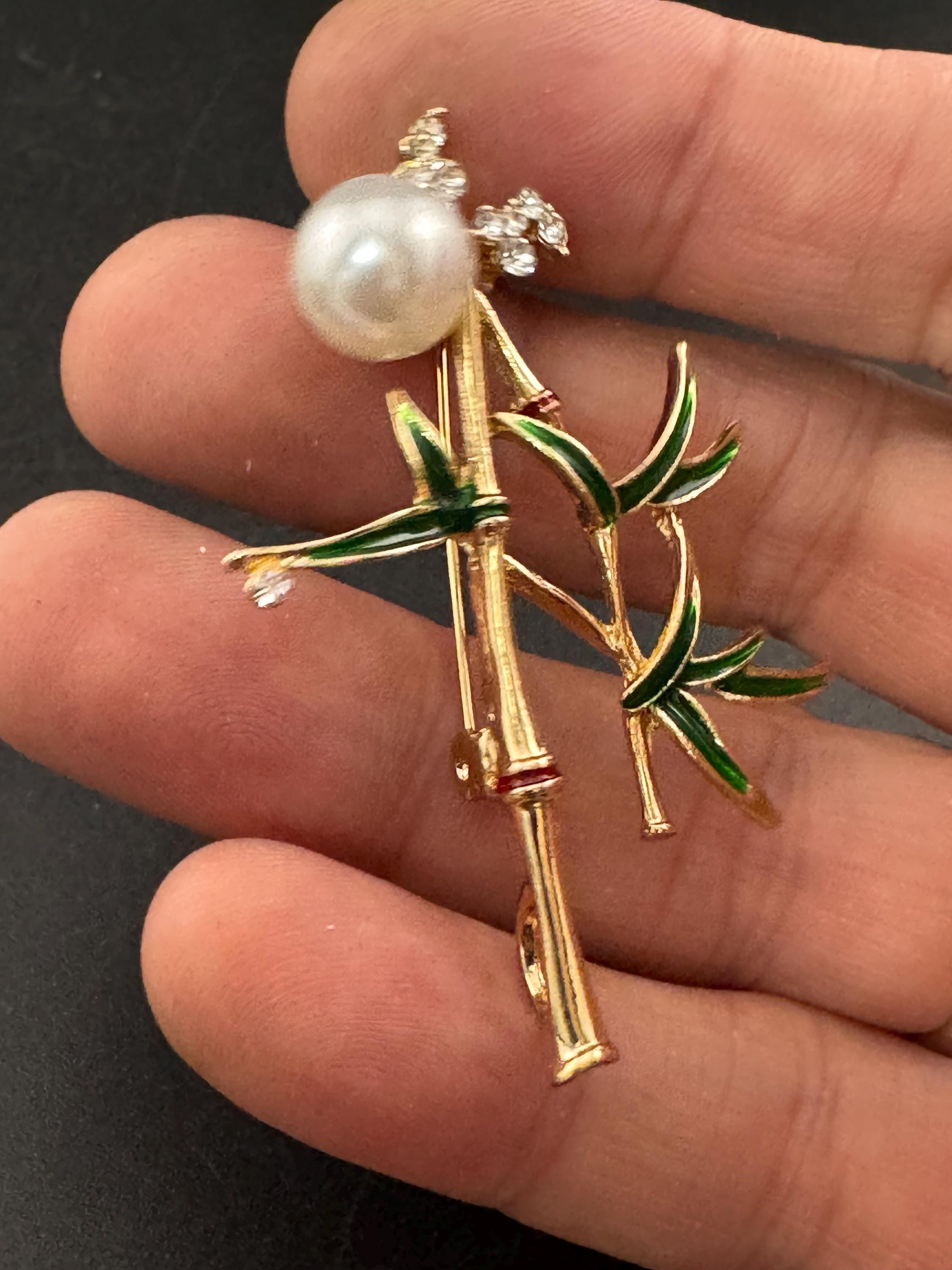 Retro pearl, green enamel and rhinestone bamboo plant brooch gold tone