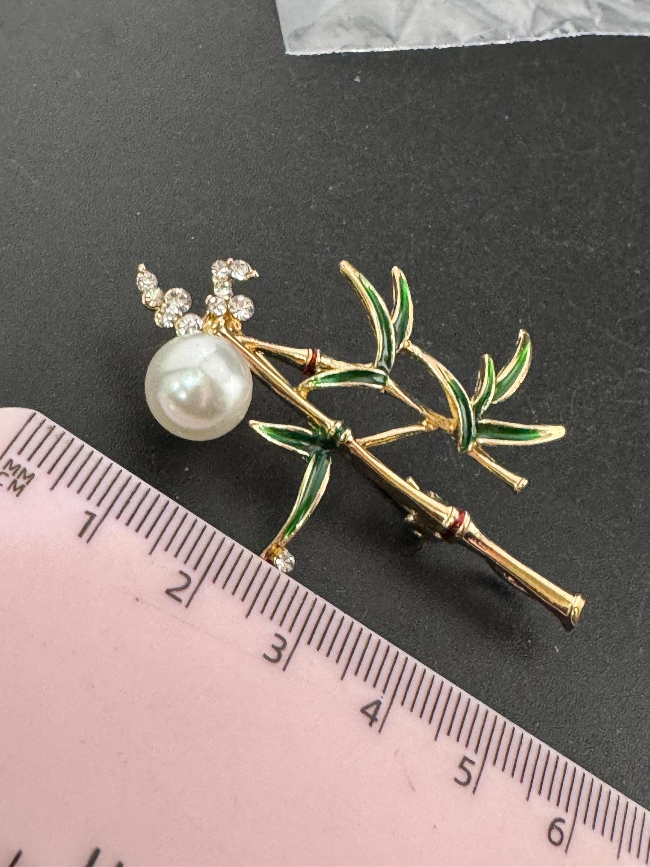 Retro pearl, green enamel and rhinestone bamboo plant brooch gold tone