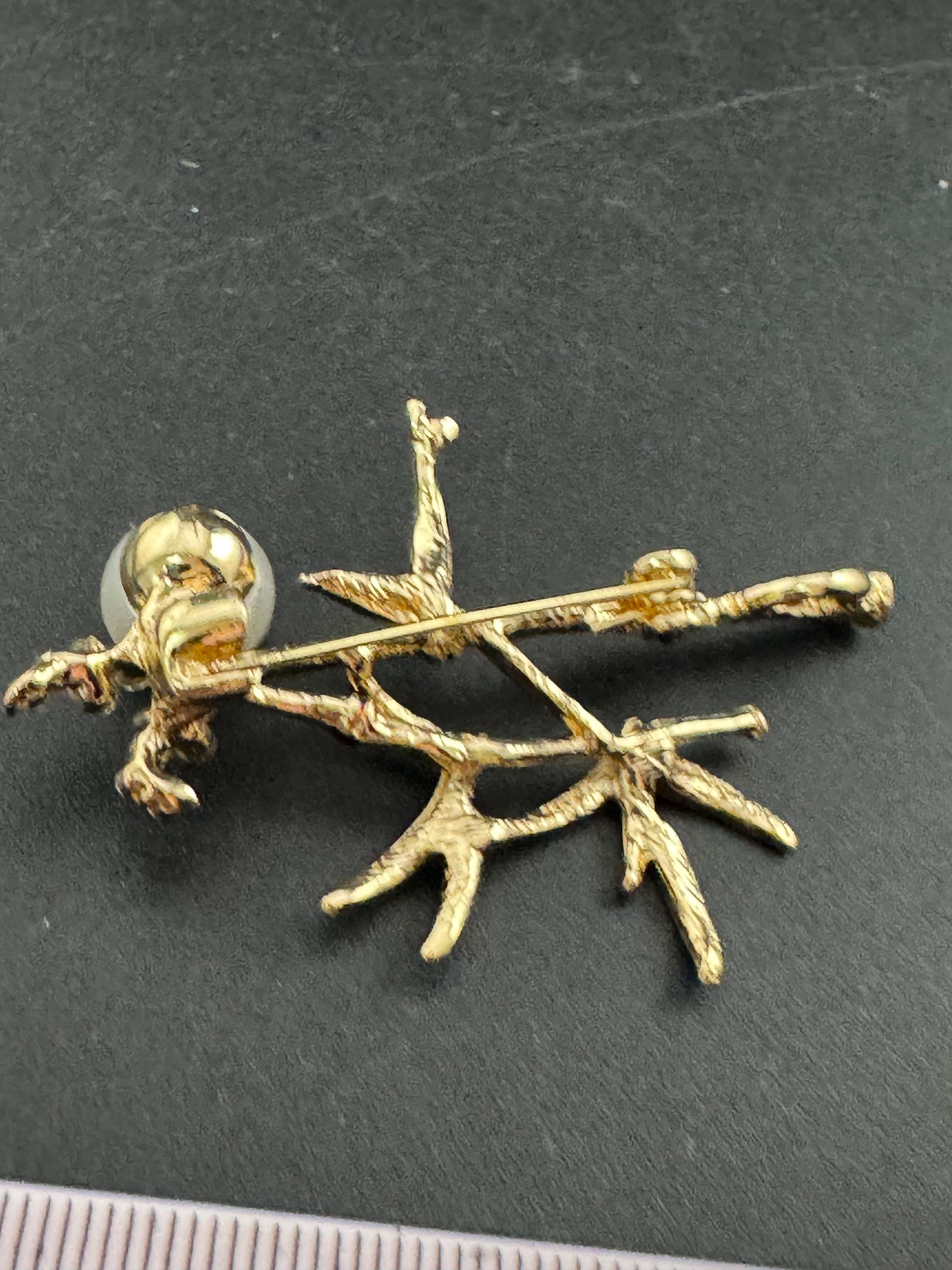 Retro pearl, green enamel and rhinestone bamboo plant brooch gold tone