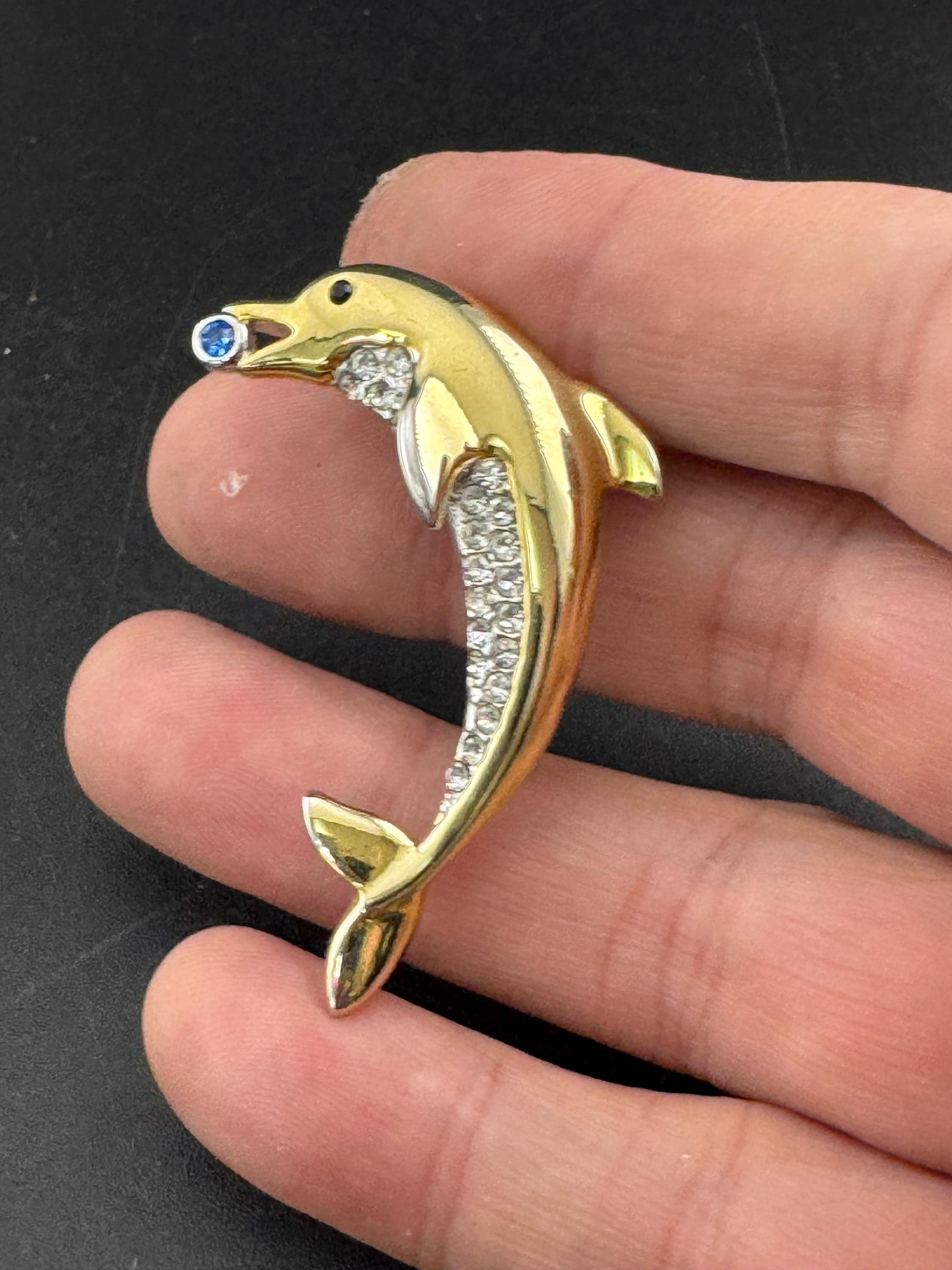Vintage dolphin brooch, clear and sapphire crystal diamanté gold tone