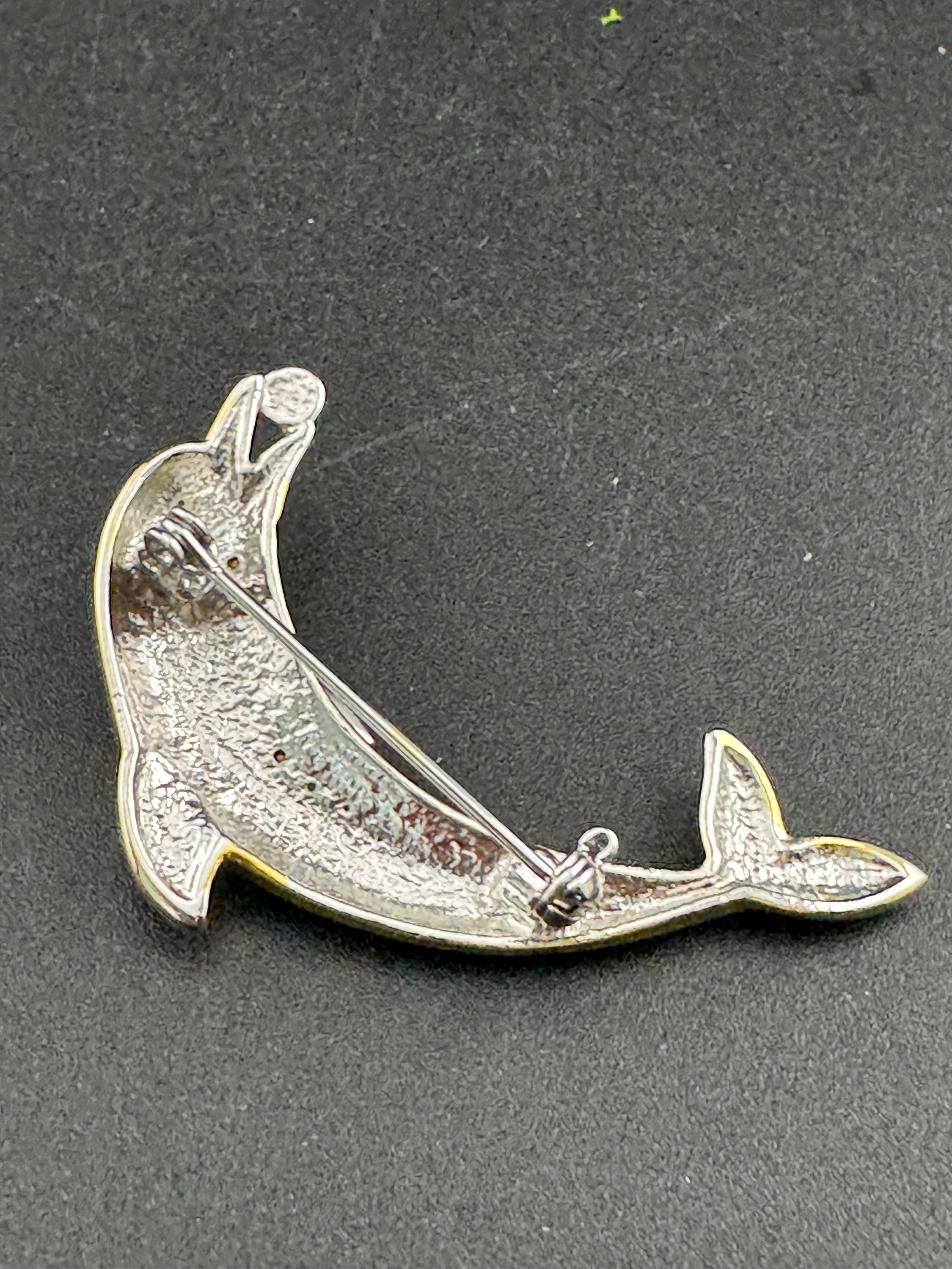 Vintage dolphin brooch, clear and sapphire crystal diamanté gold tone