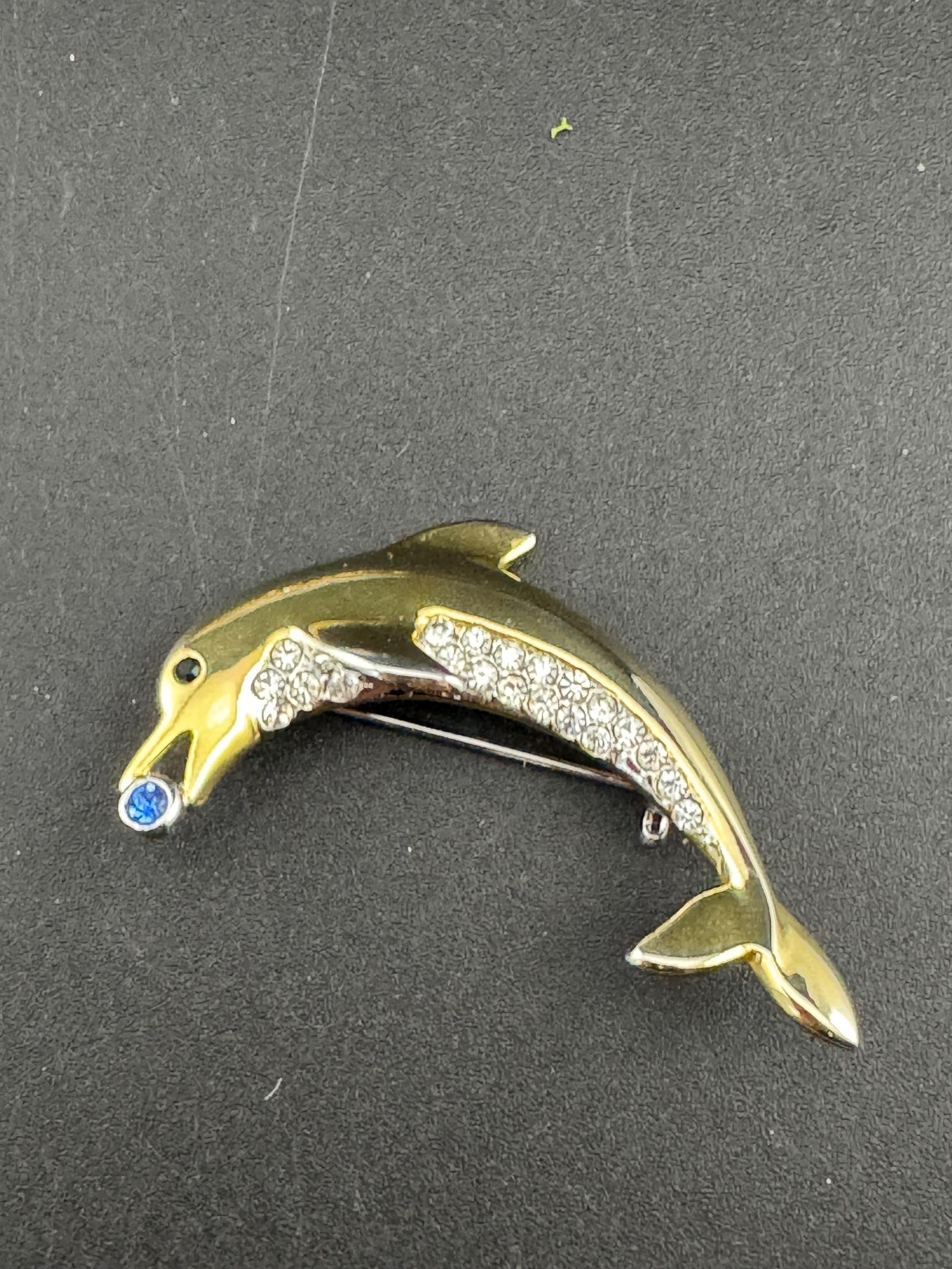 Vintage dolphin brooch, clear and sapphire crystal diamanté gold tone
