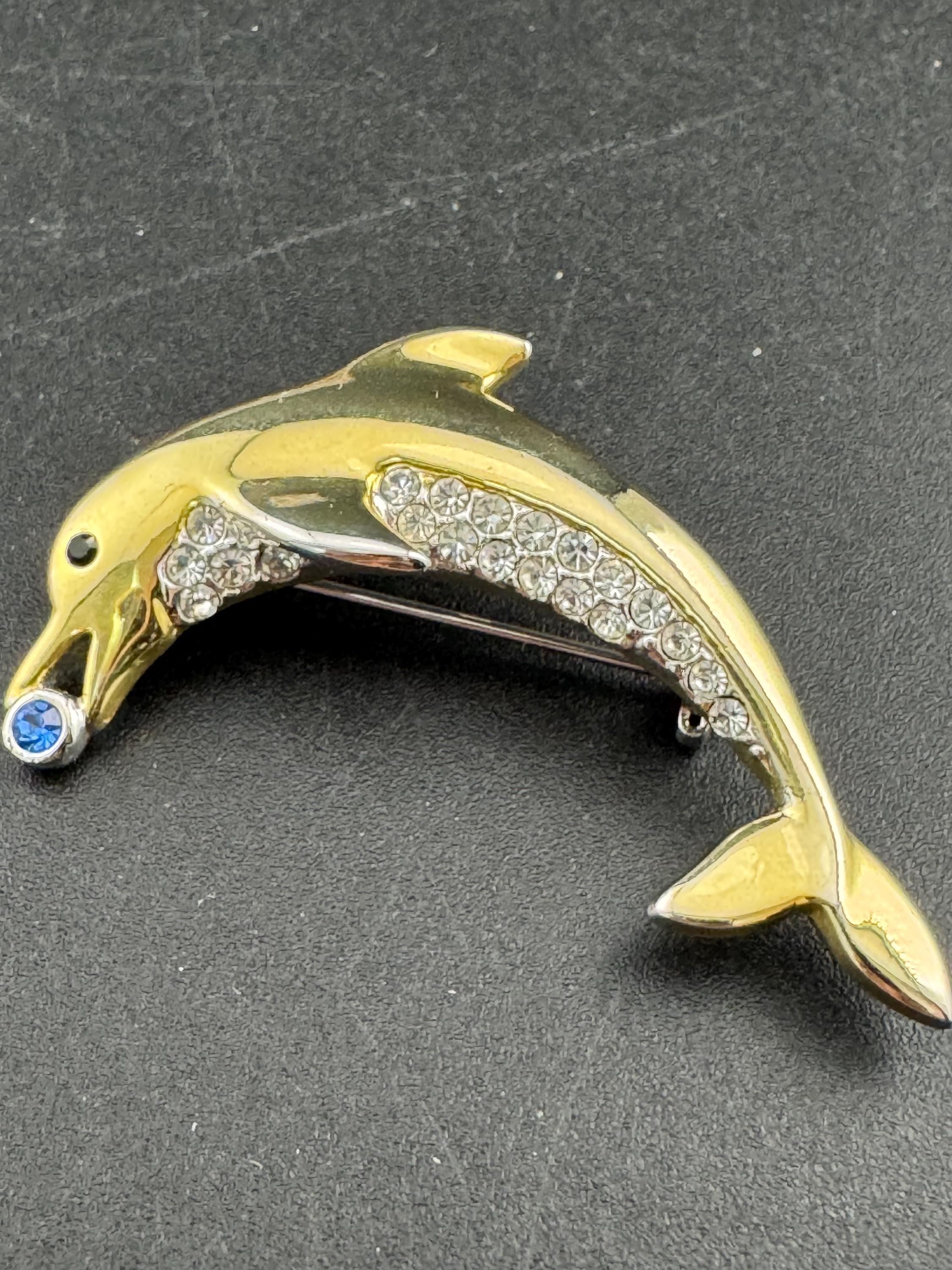 Vintage dolphin brooch, clear and sapphire crystal diamanté gold tone