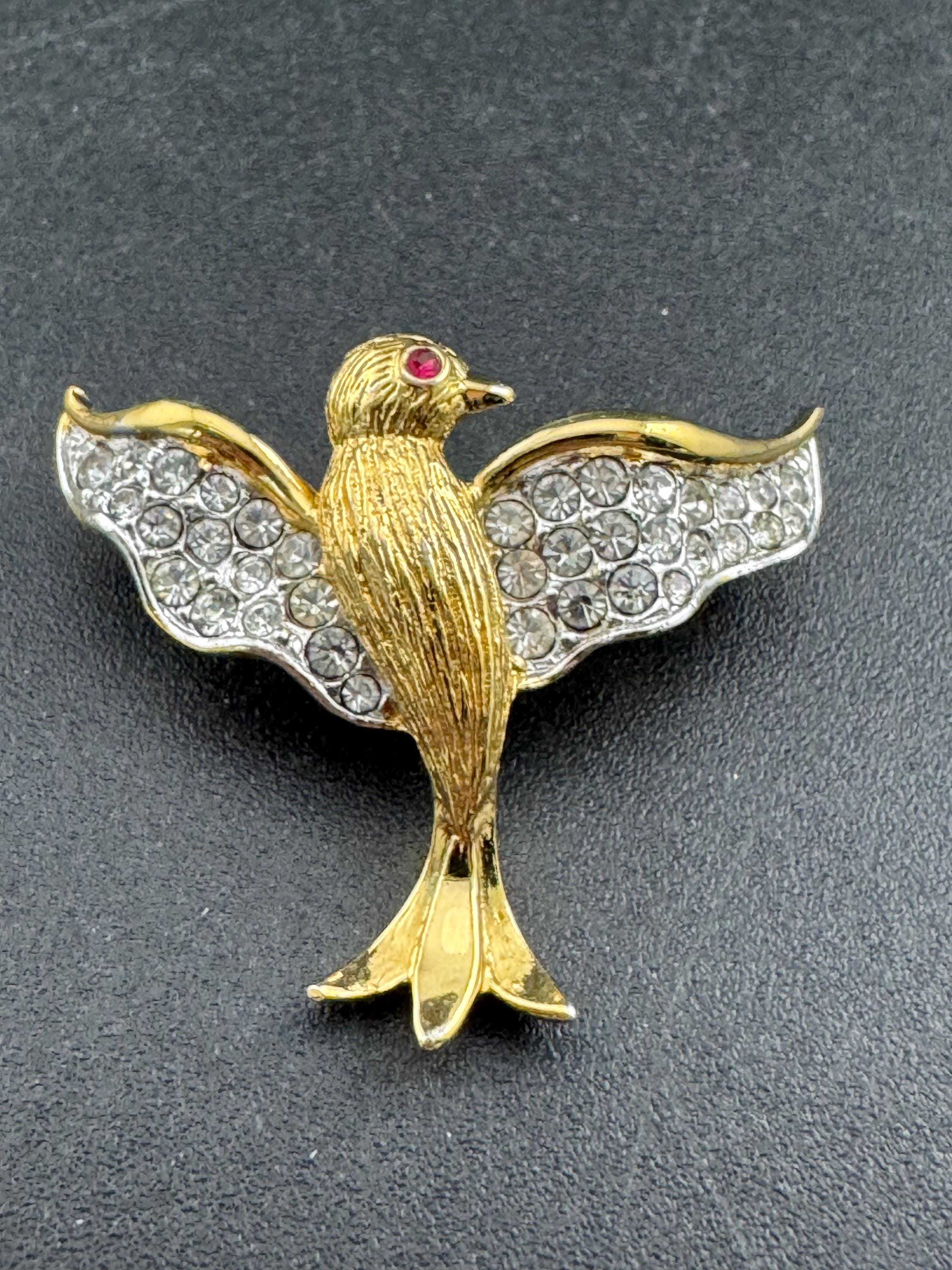 signed Attwood & Sawyer small rhinestone bird brooch, crystal, gold tone