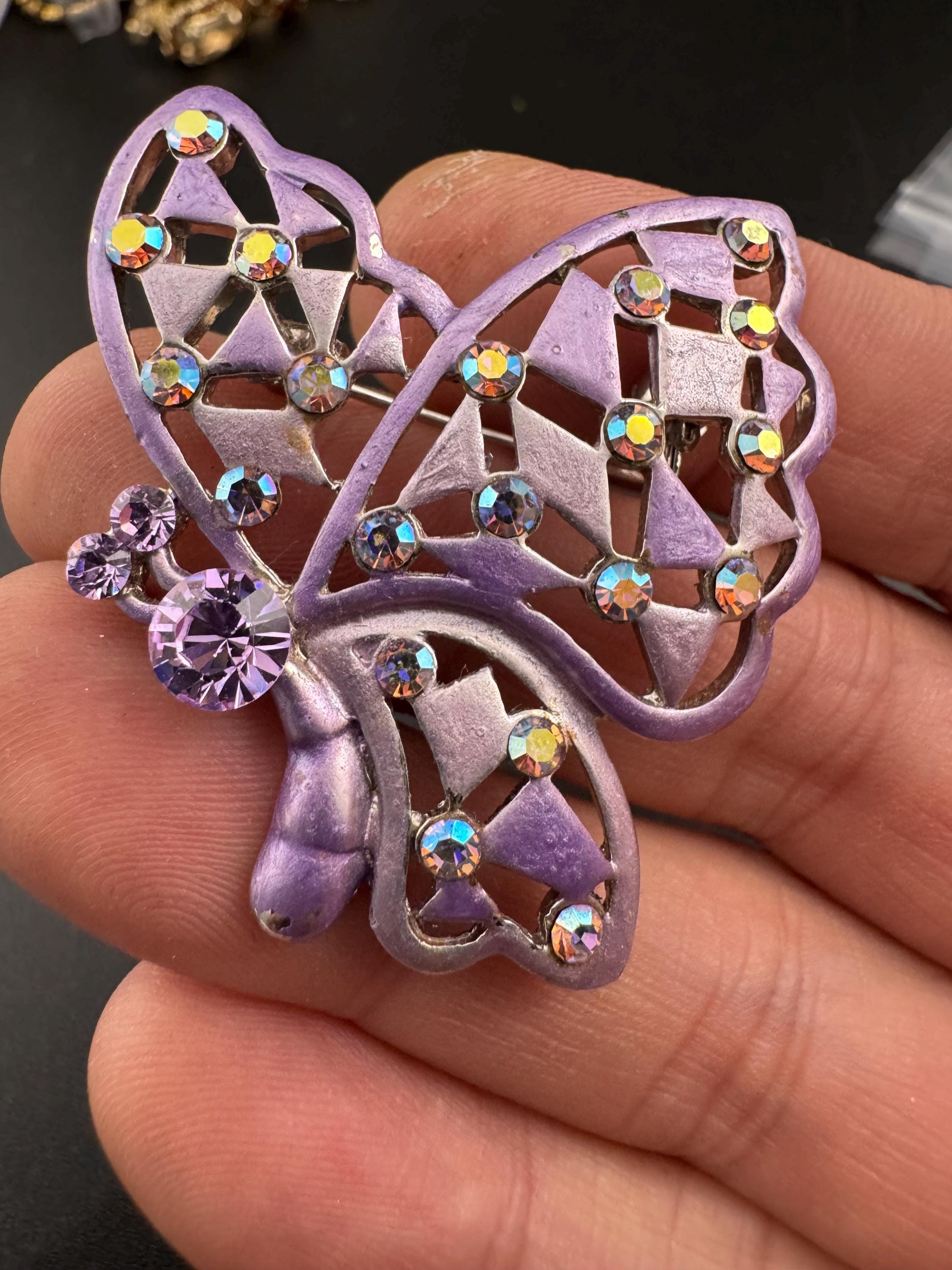 Vintage purple enamel and Rhinestone Butterfly Brooch