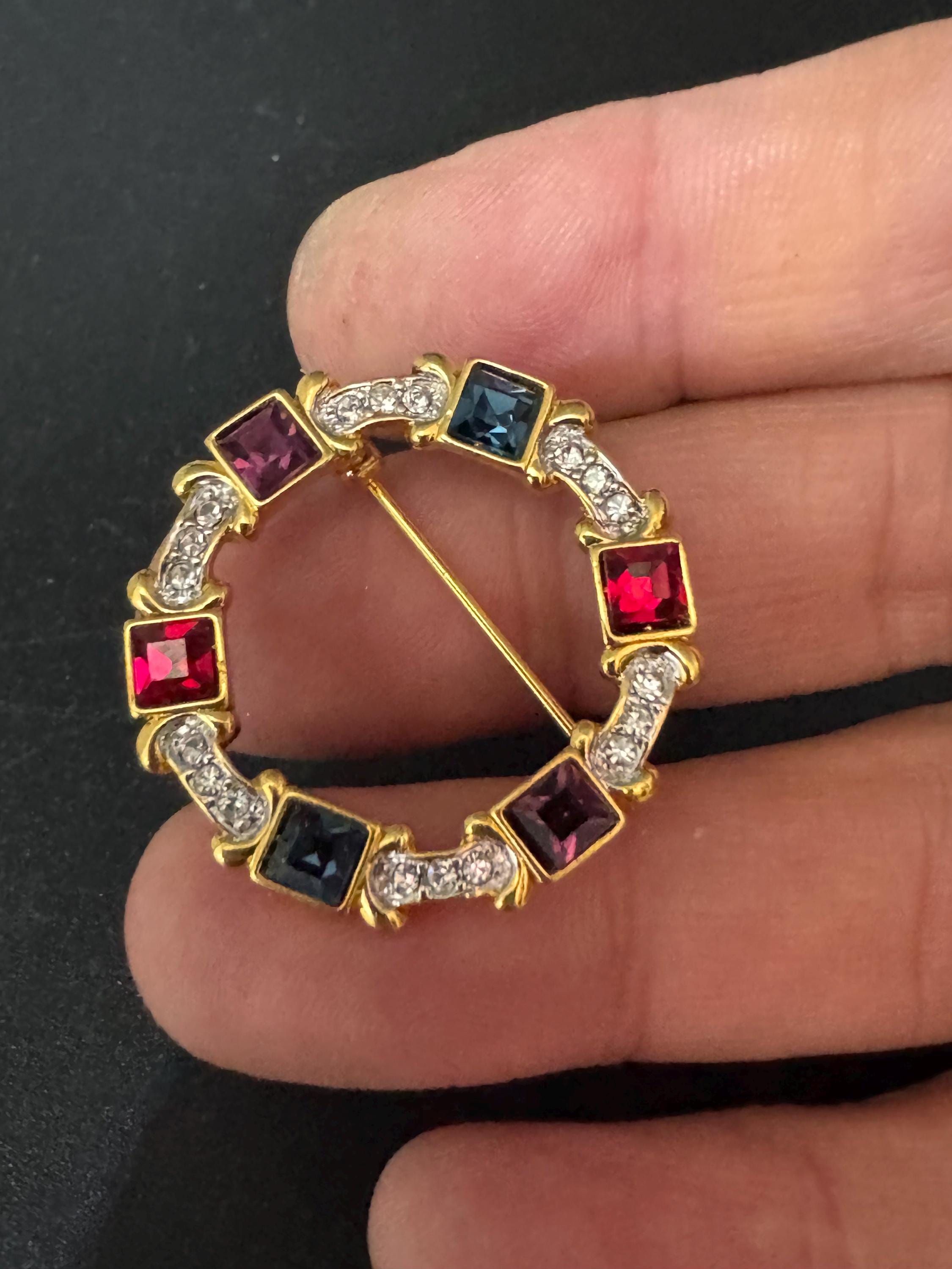 Vintage square crystal diamanté circular broich, purple, gold red