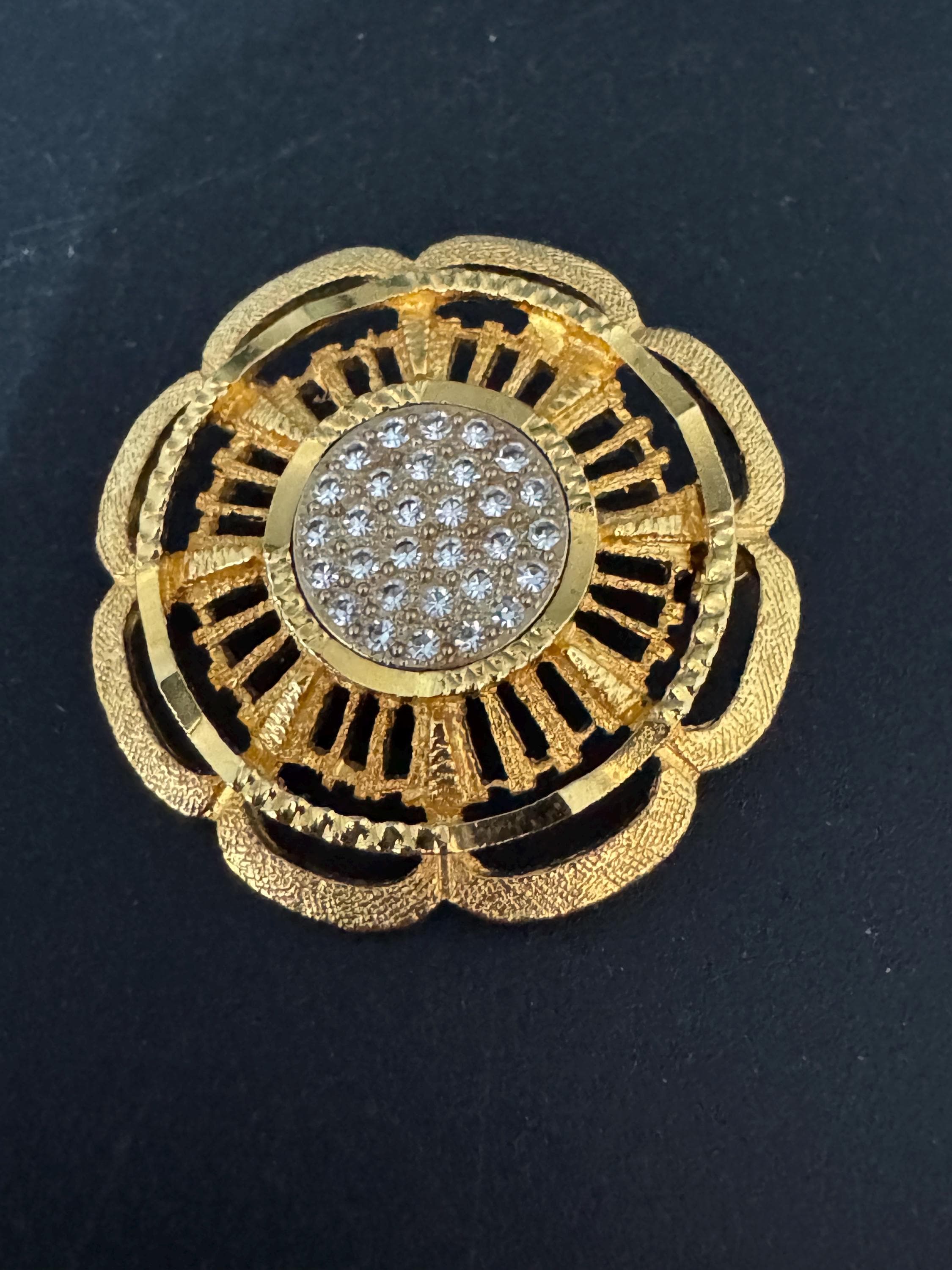 vintage modernist floral brooch, gold tone clear crystal diamanté