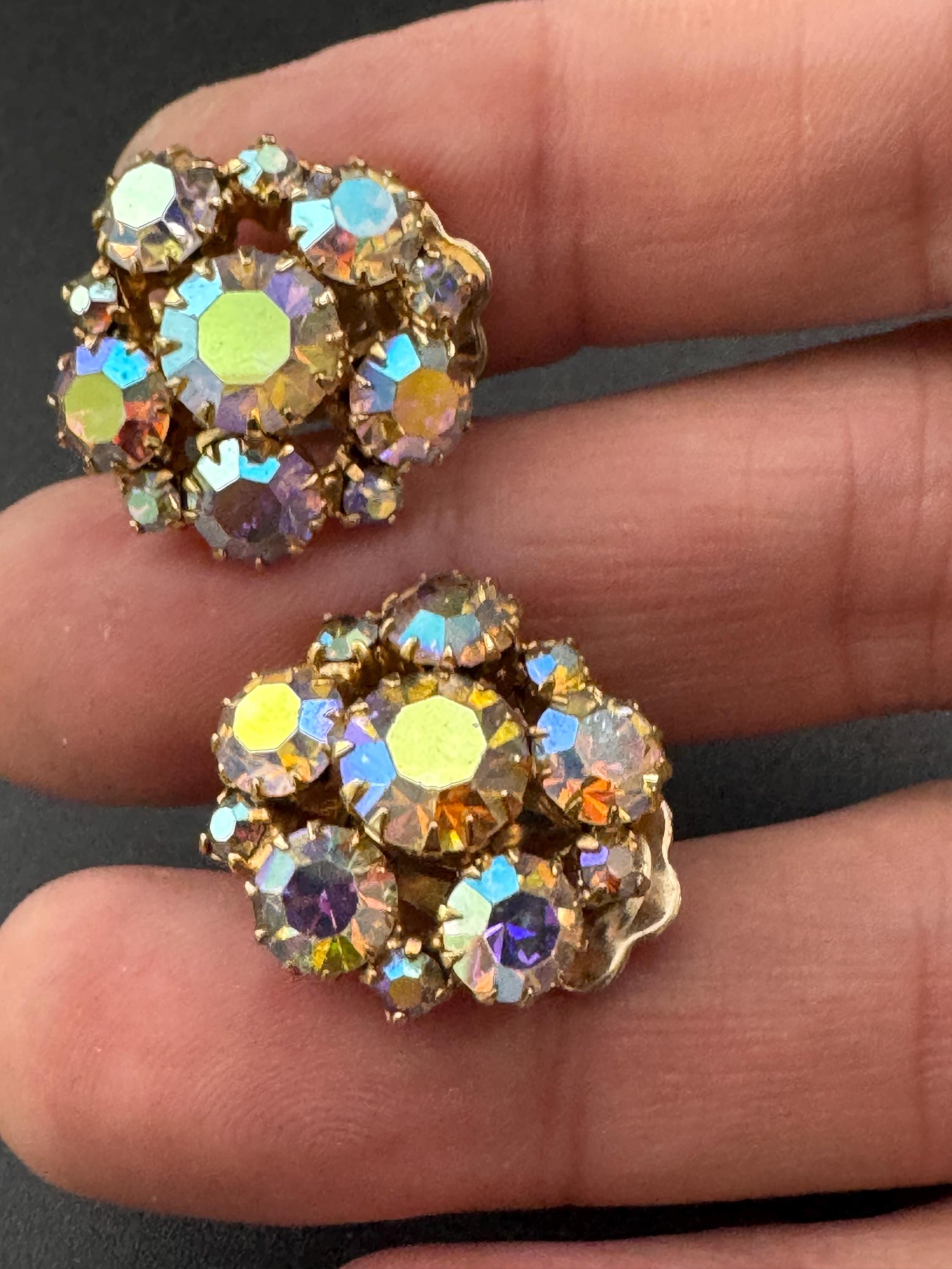 Signed continental sparkly vintage clear AB aurora borealis rhinestone Clip on button dome earrings