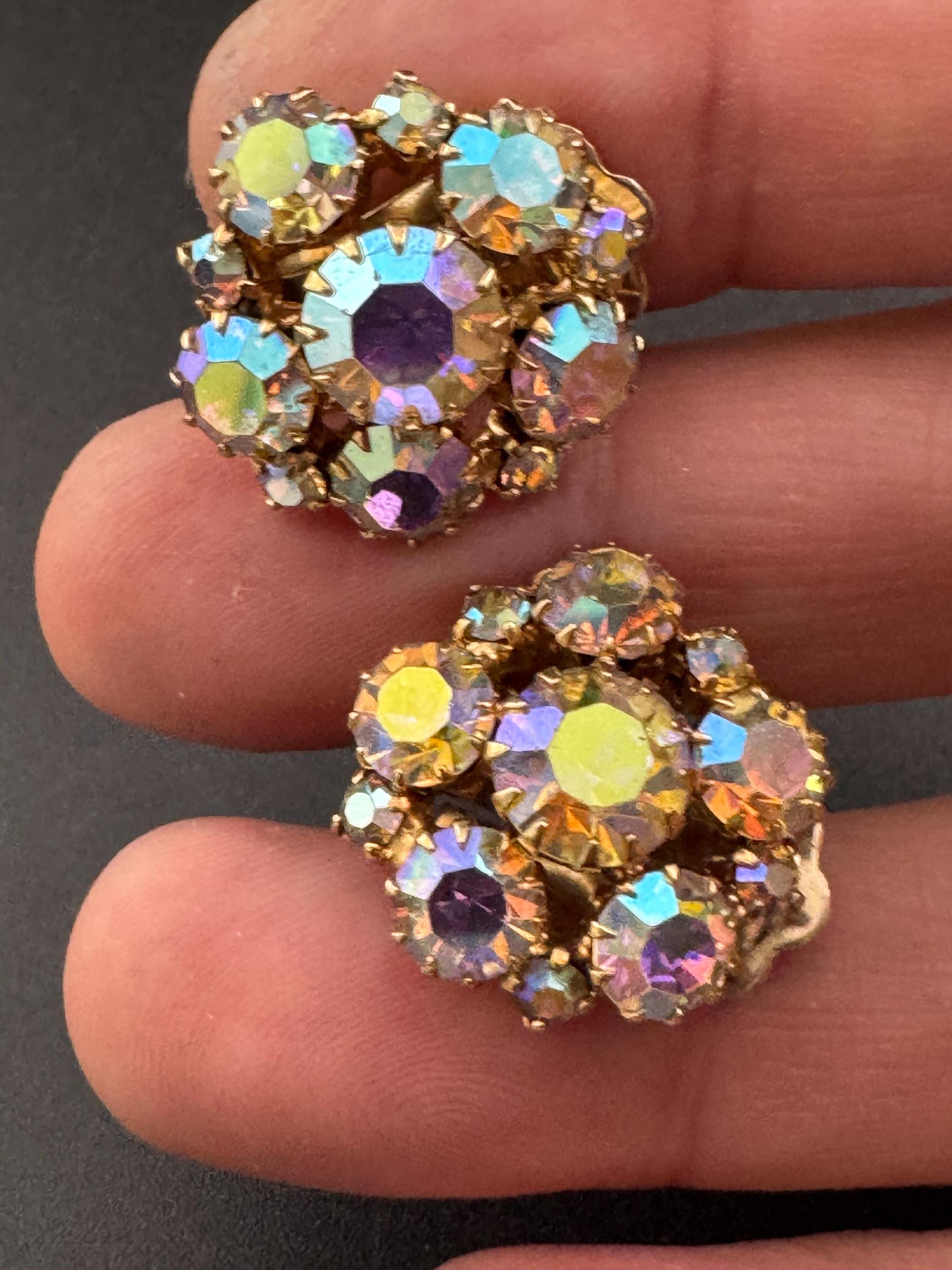 Signed continental sparkly vintage clear AB aurora borealis rhinestone Clip on button dome earrings