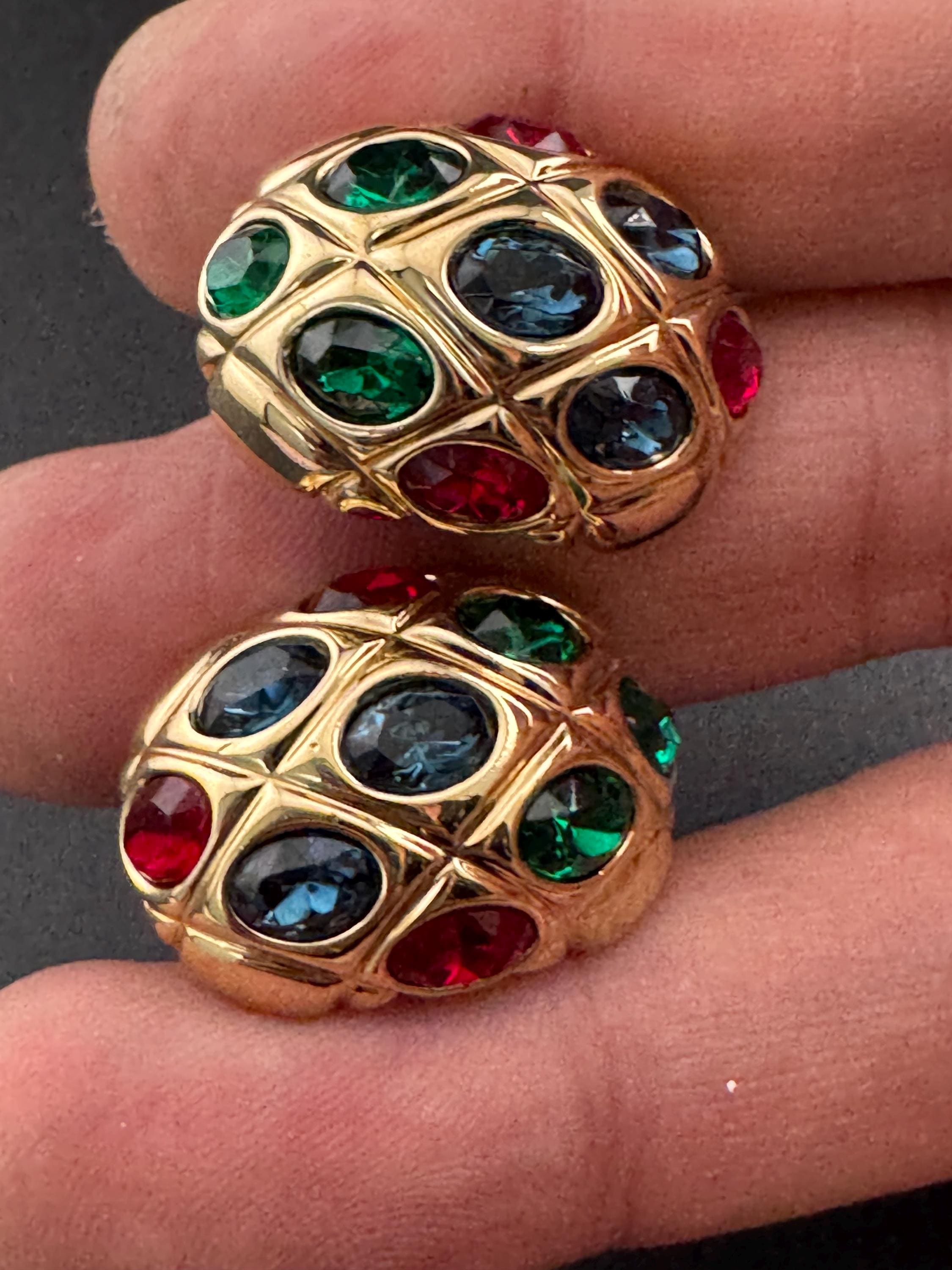 1980s coloured rhinestone Clip On Earrings, Red, Green & Blue Rhinestones