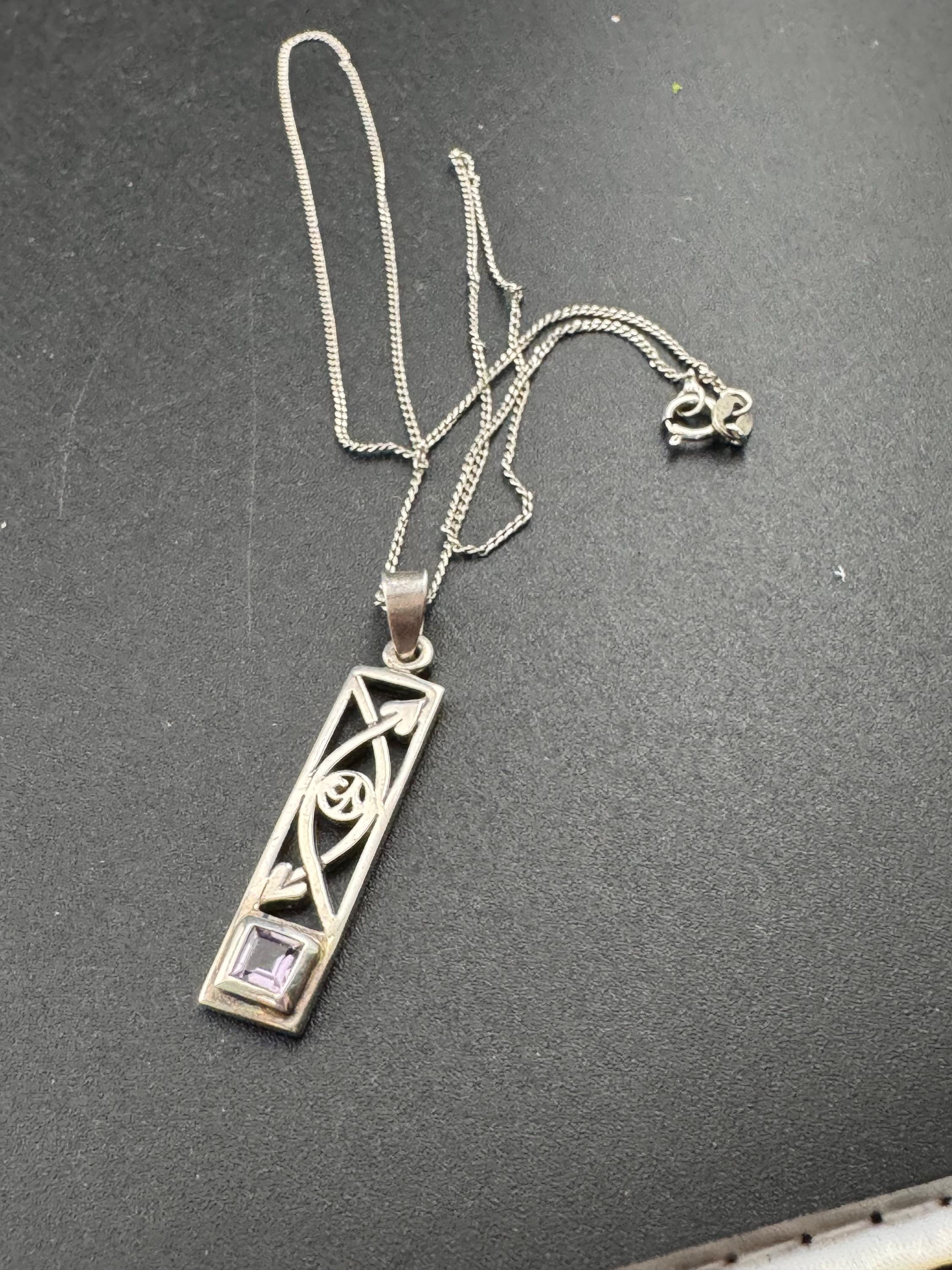 925 Silver and amethyst gem set pendant necklace Charles Rennie Mackintosh style, arts & crafts
