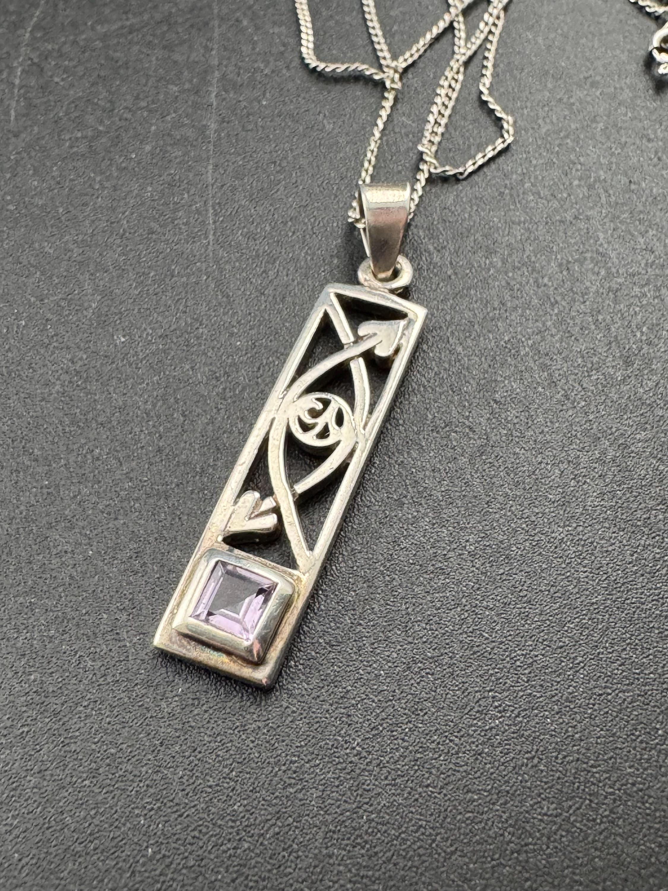 925 Silver and amethyst gem set pendant necklace Charles Rennie Mackintosh style, arts & crafts