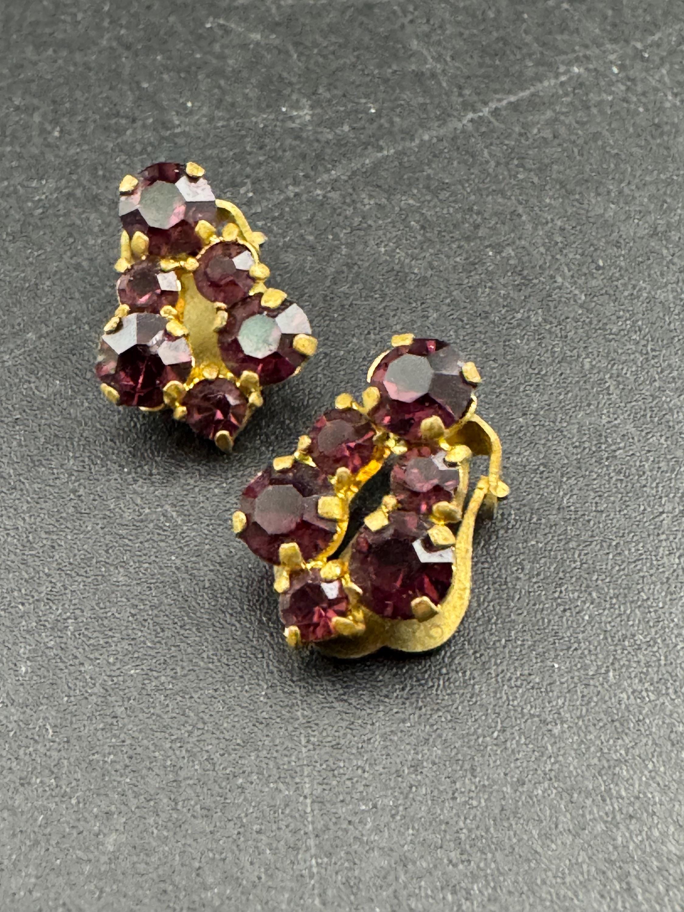 Vintage Purple Amethyst rhinestone Clip On Stud Earrings