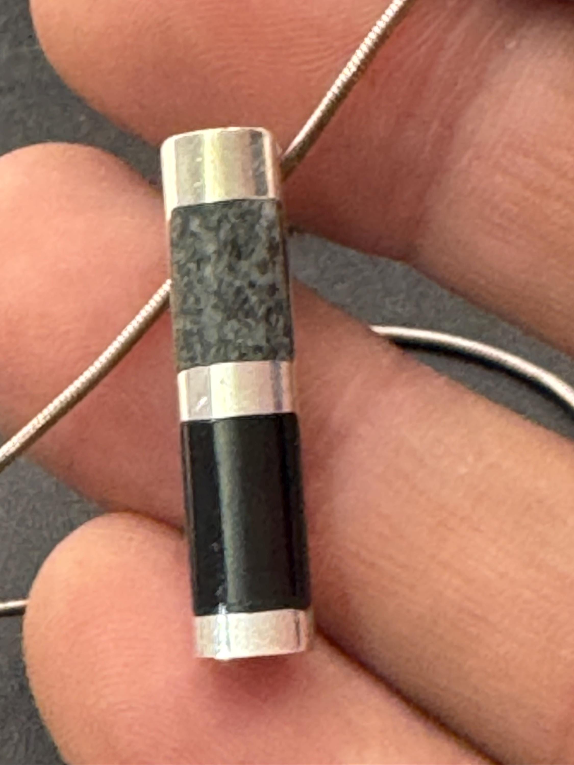 Modernist black and green grey gemstone stamped 925 silver sleek pendant necklace on a 40cm chain, maker scs full assay marks
