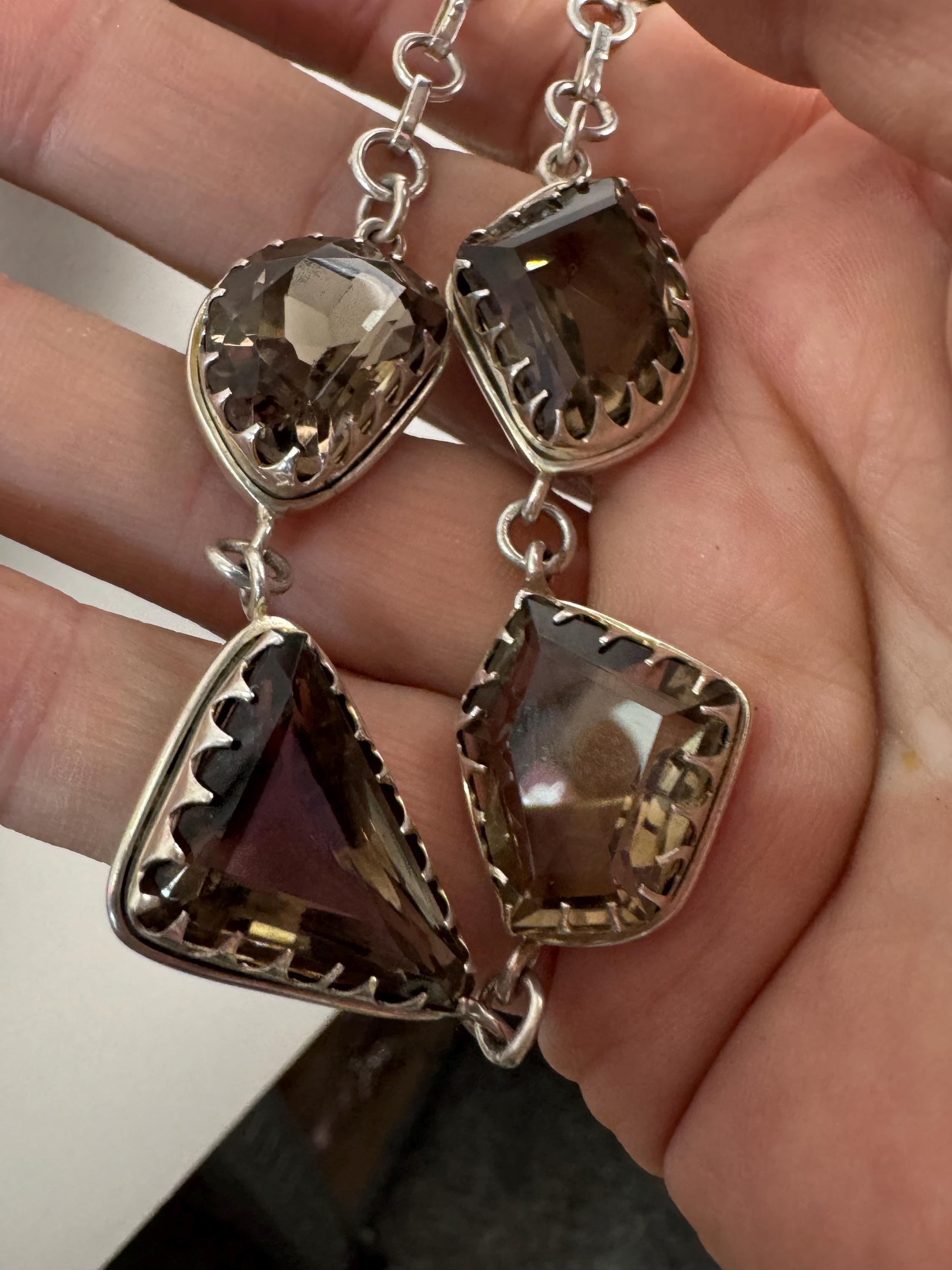 vintage sterling silver 925 chunky brown natural smoky quartz gemstone chunky cabochon necklace 41cm