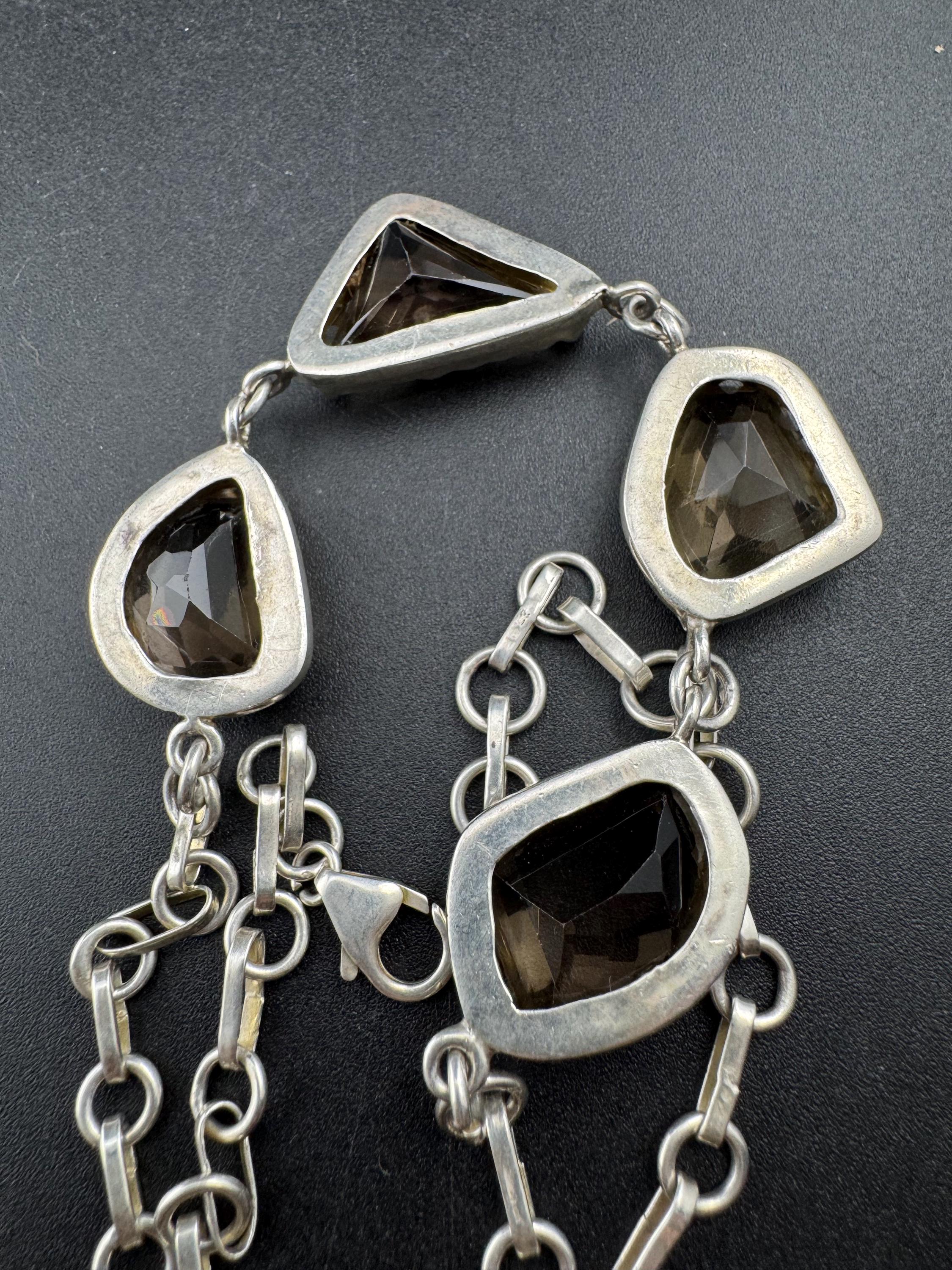 vintage sterling silver 925 chunky brown natural smoky quartz gemstone chunky cabochon necklace 41cm